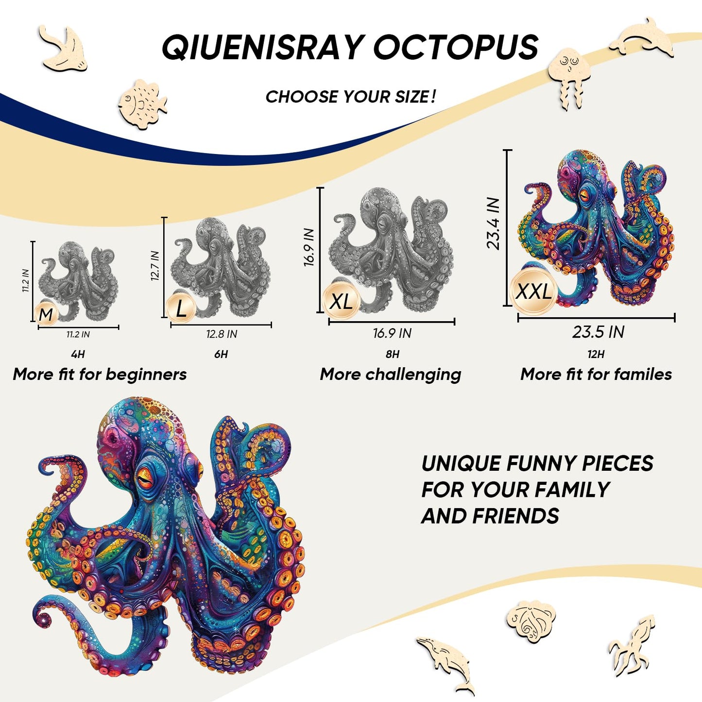 Qiuenisray 1000-Piece Octopus Ocean Wooden Jigsaw Puzzle – FSC Certified, Unique Shape, 23.4x23.5 in | Wall Decor & Family Game