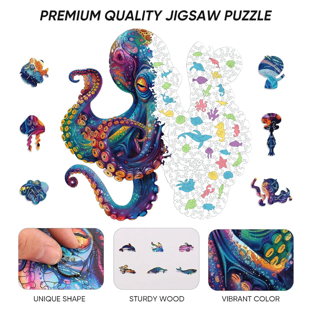 Qiuenisray 500 Piece Wooden Octopus Puzzle – FSC Certified Ocean Jigsaw, Unique Shape, Wall Decor, 16.9 x 16.9 in