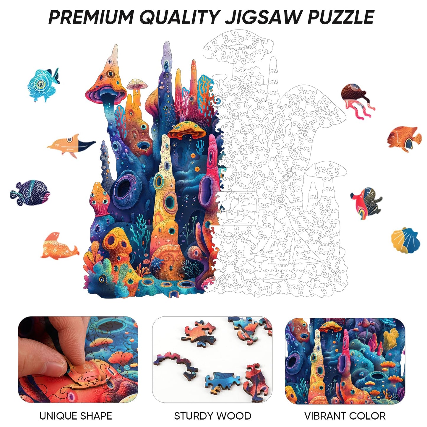 Qiuenisray Coral Ocean Wooden Puzzle – 200 Pieces, FSC Certified, Wall Decor, 11 x 11.2 in