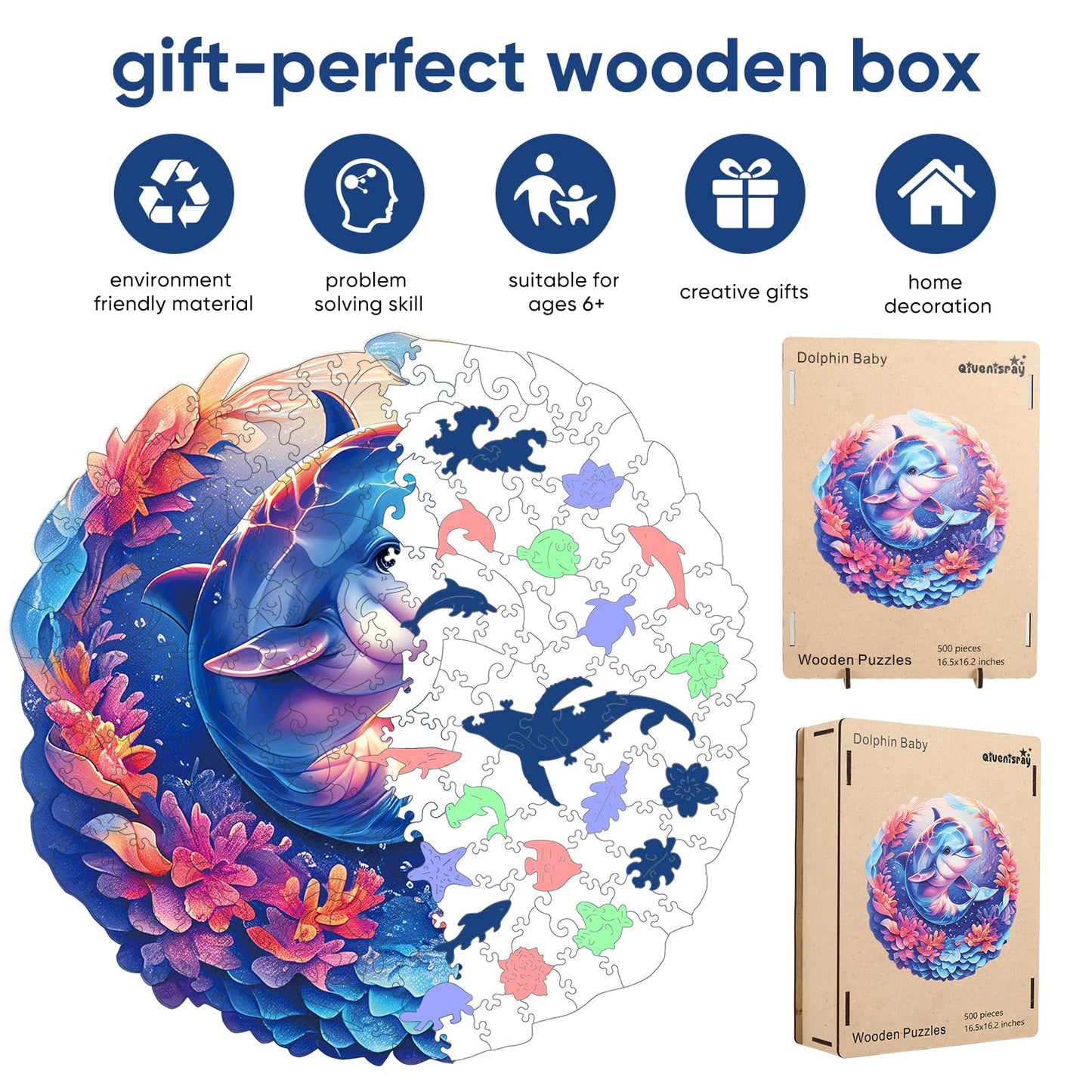 Qiuenisray Dolphin Baby 500-Piece Wooden Jigsaw Puzzle – FSC-Certified Ocean Theme for Adults