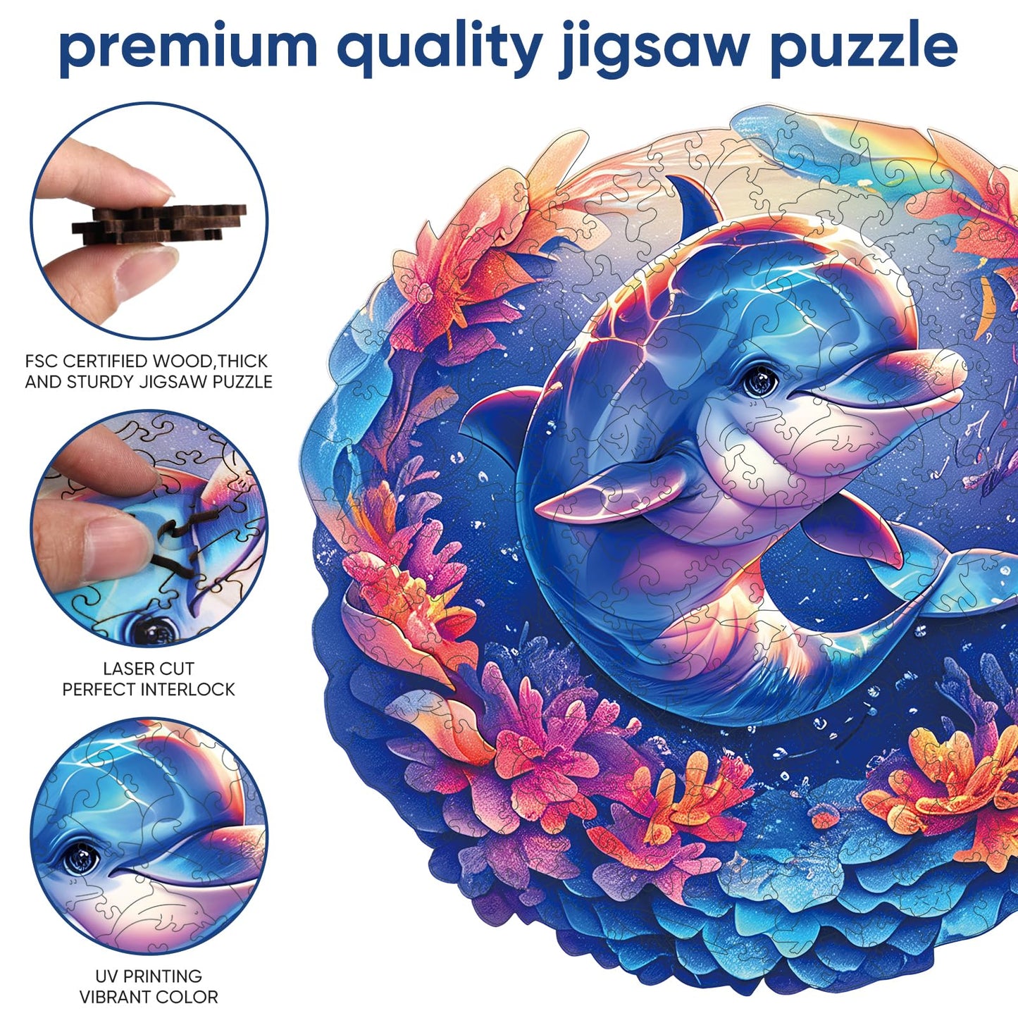 Qiuenisray Wooden Puzzles for Adults – Dolphin Baby Jigsaw 200 Pieces, FSC Certified, Irregular Wood Puzzle (11.2x11.2 in)