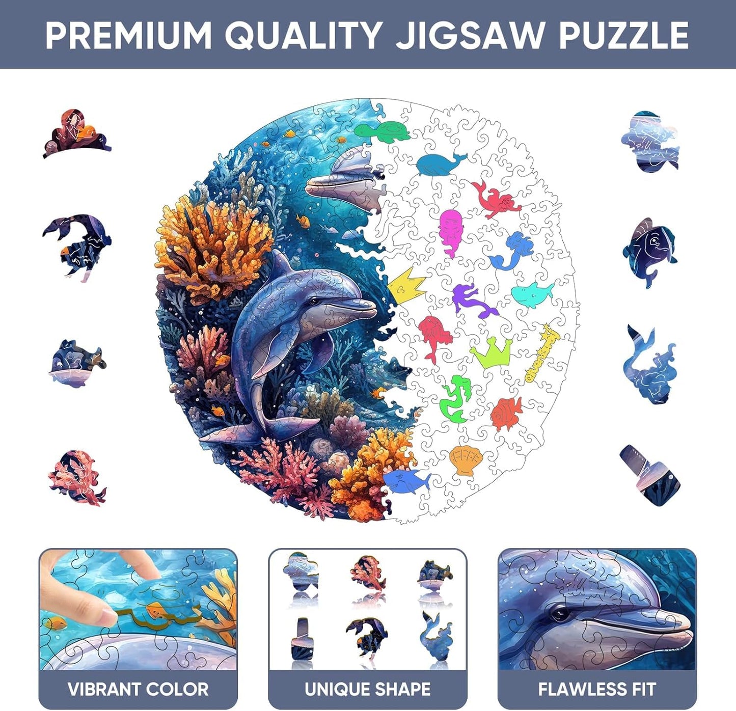 Qiuenisray Dolphins Jigsaw Puzzle – 200-Piece FSC-Certified Wooden Puzzle for Adults, Irregular Ocean Design (11.2 x 11.2 in)