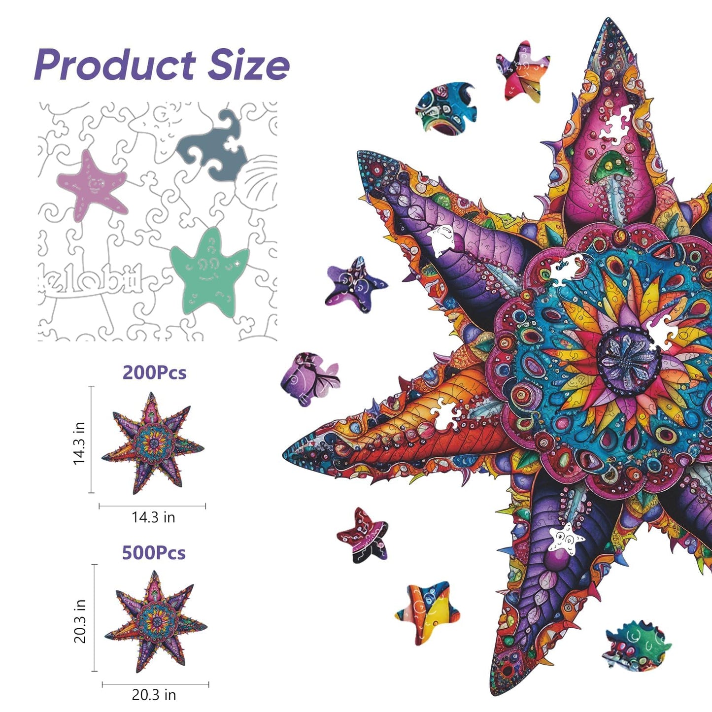 Qiuenisray 500-Piece Wooden Jigsaw Puzzle – Starfish Ocean, FSC-Certified, Wall Decor, 20.3x20.3 in
