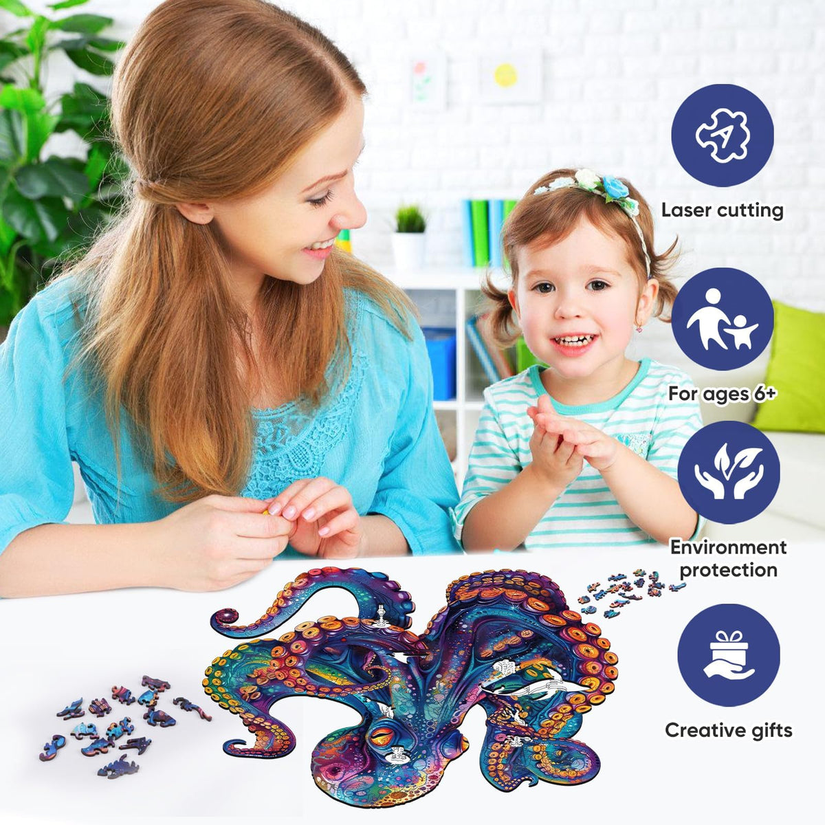Qiuenisray 500 Piece Wooden Octopus Puzzle – FSC Certified Ocean Jigsaw, Unique Shape, Wall Decor, 16.9 x 16.9 in