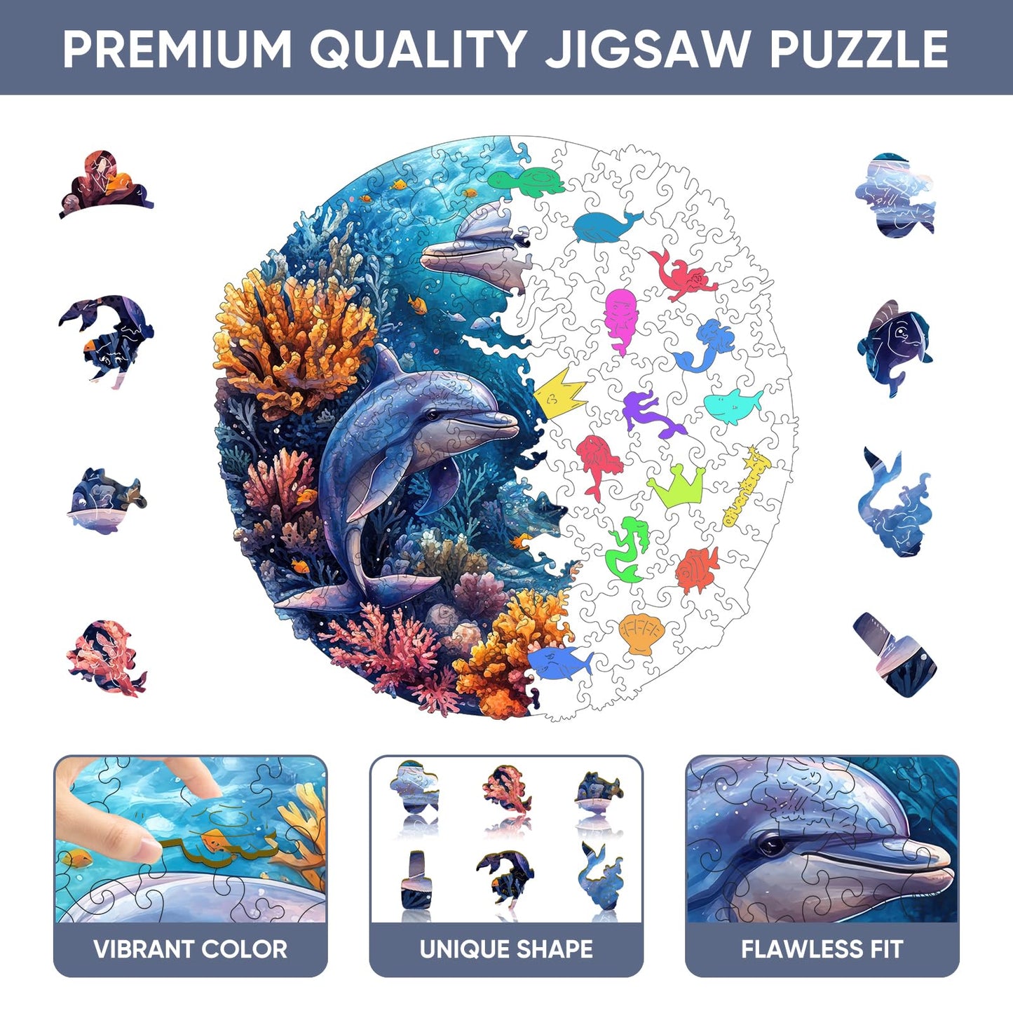 Qiuenisray 500-Piece Dolphins Wooden Jigsaw Puzzle – FSC-Certified Ocean Puzzle, Irregular Royal Shape, 16.5 x 16.5 in