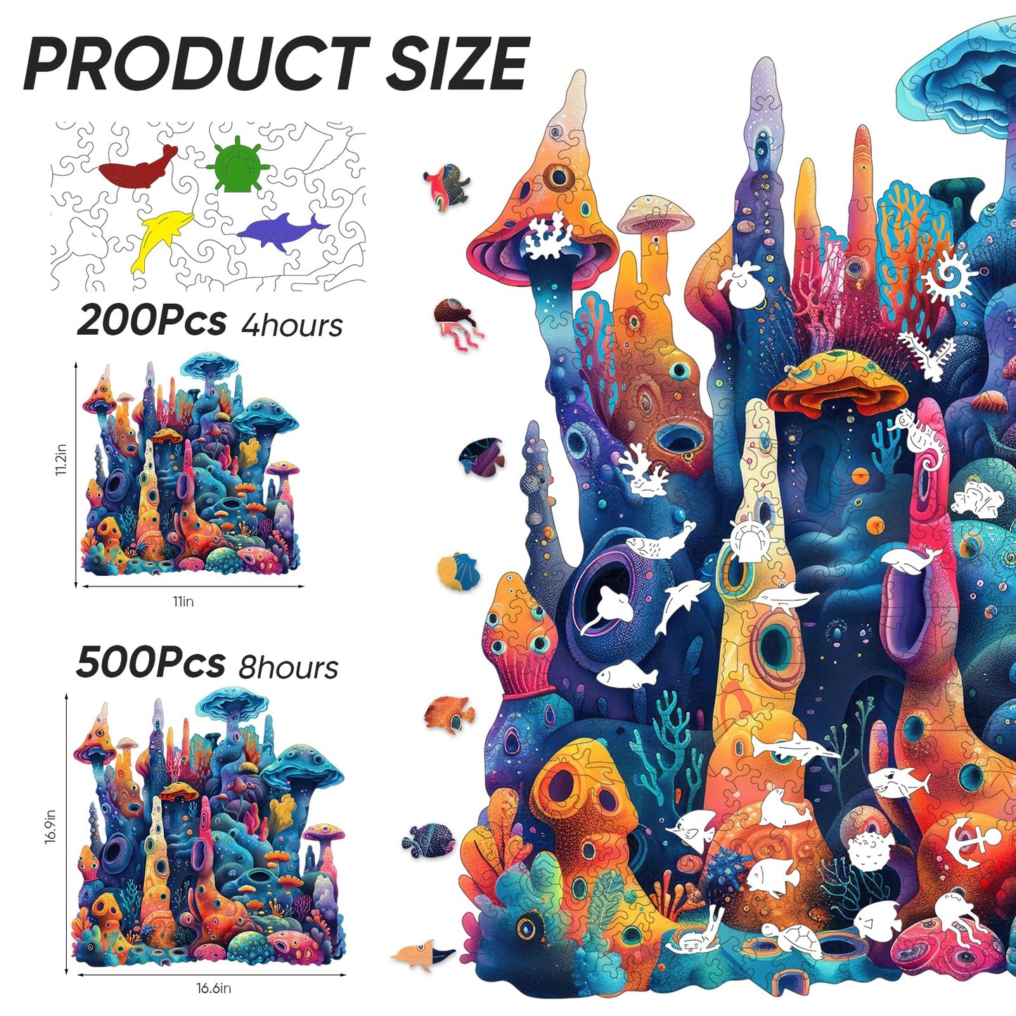 Qiuenisray Wooden Puzzles 500 Pieces – Coral Ocean Jigsaw, FSC Certified Wood, Wall Decor, 16.6x16.9 in