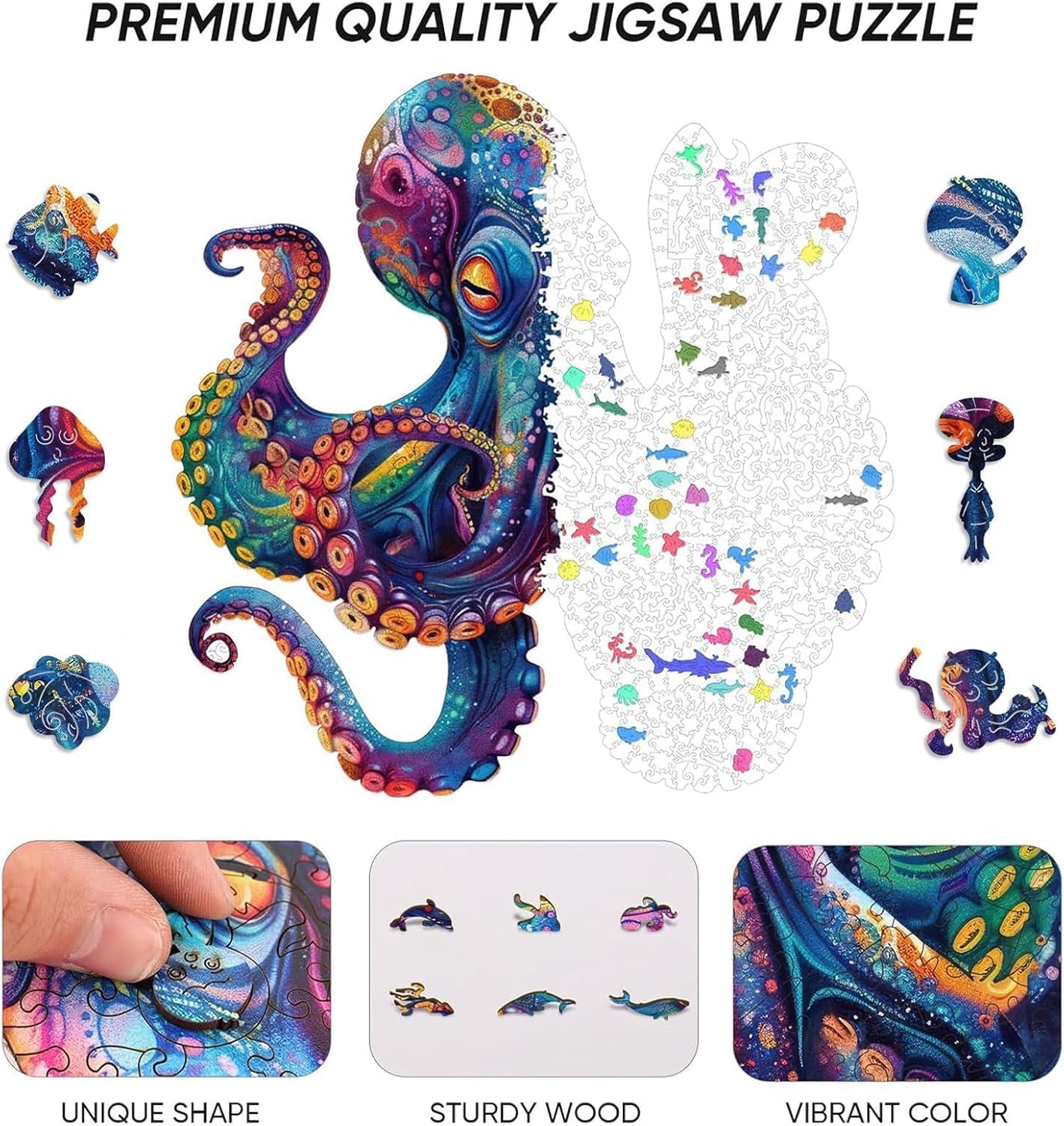 Qiuenisray 1000-Piece Octopus Ocean Wooden Jigsaw Puzzle – FSC Certified, Unique Shape, 23.4x23.5 in | Wall Decor & Family Game