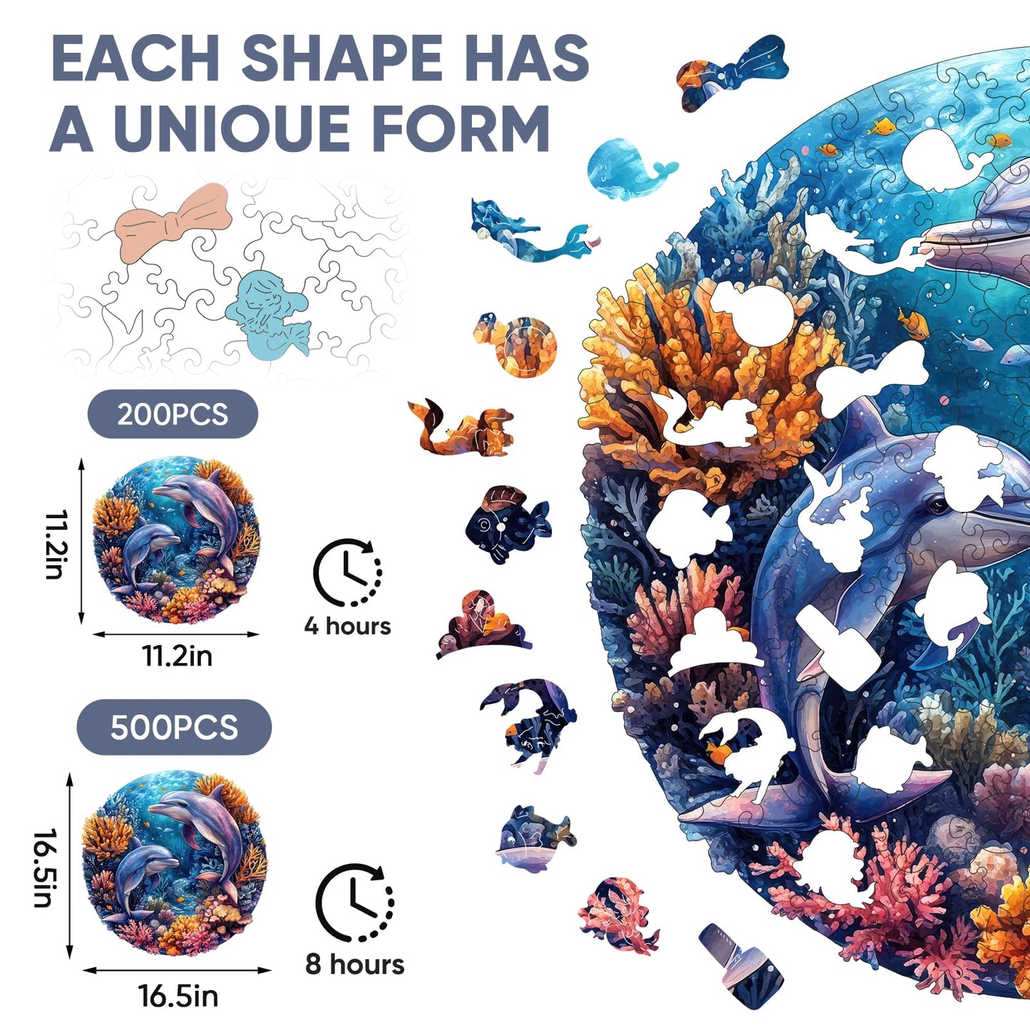 Qiuenisray 500-Piece Dolphins Wooden Jigsaw Puzzle – FSC-Certified Ocean Puzzle, Irregular Royal Shape, 16.5 x 16.5 in