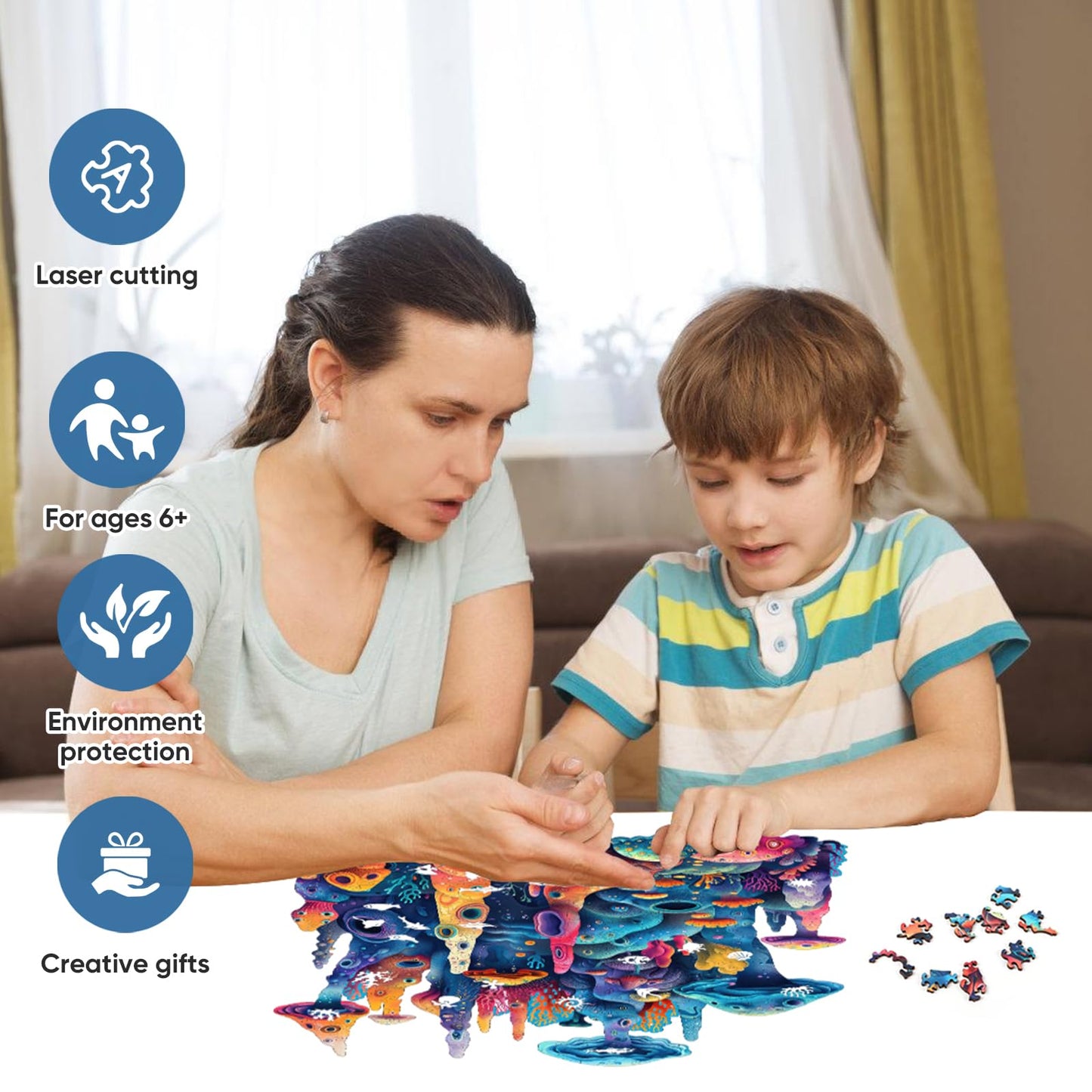 Qiuenisray Coral Ocean Wooden Puzzle – 200 Pieces, FSC Certified, Wall Decor, 11 x 11.2 in