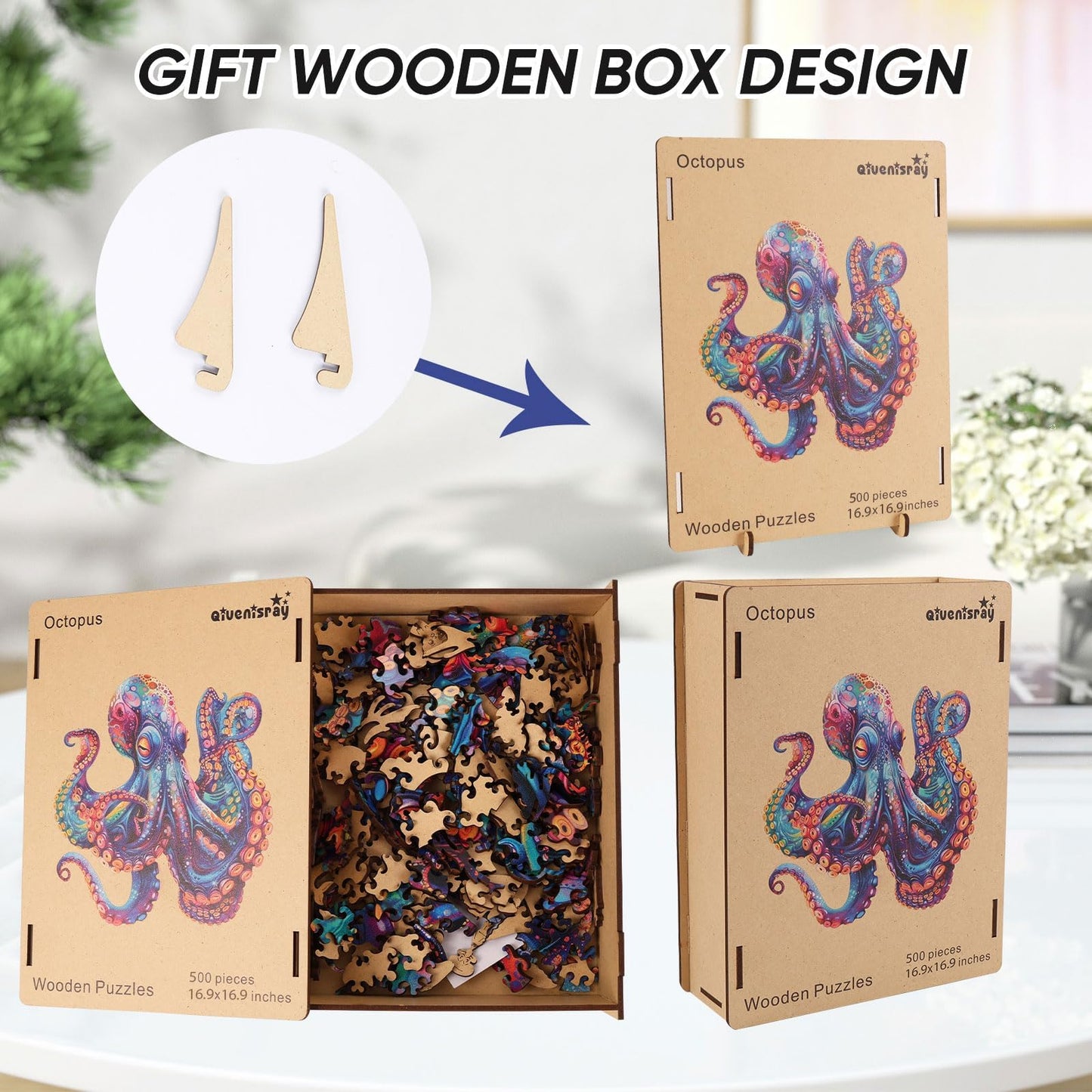 Qiuenisray 500 Piece Wooden Octopus Puzzle – FSC Certified Ocean Jigsaw, Unique Shape, Wall Decor, 16.9 x 16.9 in