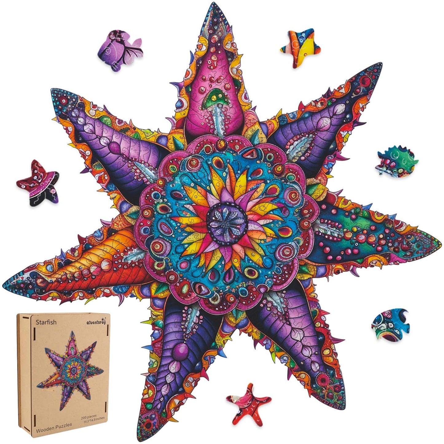 Qiuenisray 500-Piece Wooden Jigsaw Puzzle – Starfish Ocean, FSC-Certified, Wall Decor, 20.3x20.3 in