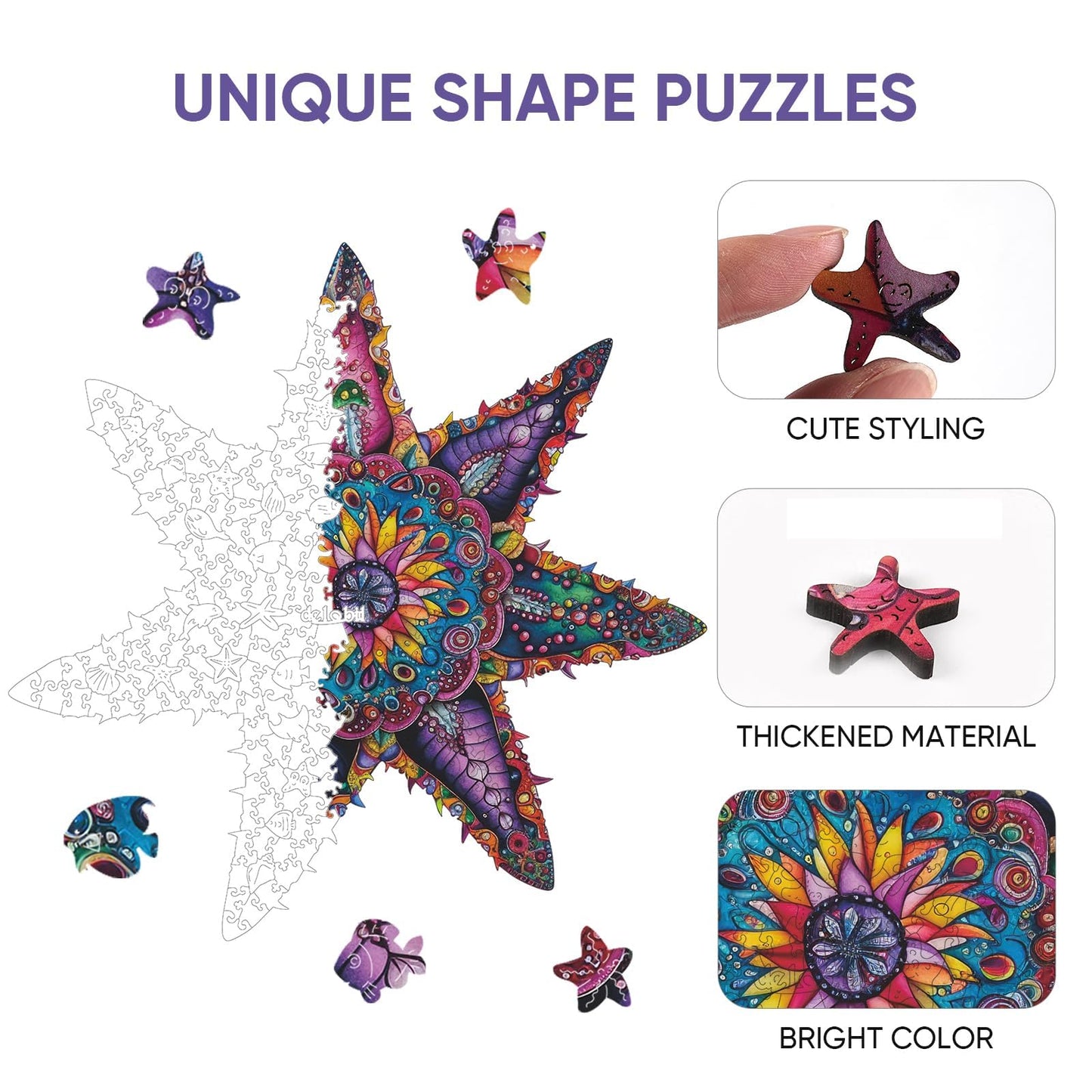 Qiuenisray 500-Piece Wooden Jigsaw Puzzle – Starfish Ocean, FSC-Certified, Wall Decor, 20.3x20.3 in