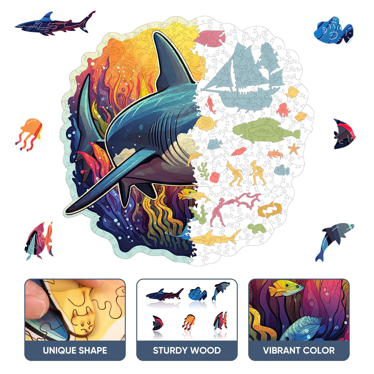 Qiuenisray Wooden Puzzles for Adults – 500 Pieces Ocean Shark Jigsaw, FSC Certified, 16.7x16.5 in