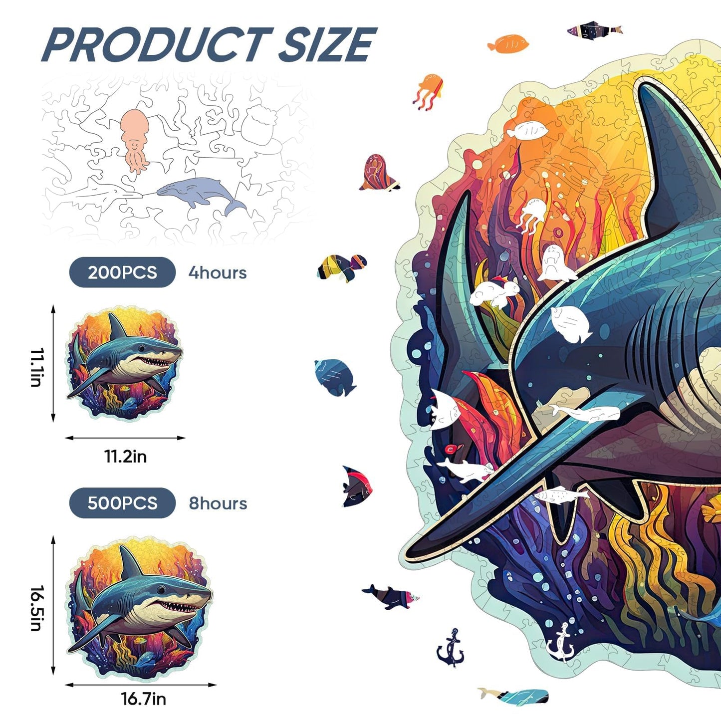 Qiuenisray Wooden Puzzles for Adults – 500 Pieces Ocean Shark Jigsaw, FSC Certified, 16.7x16.5 in