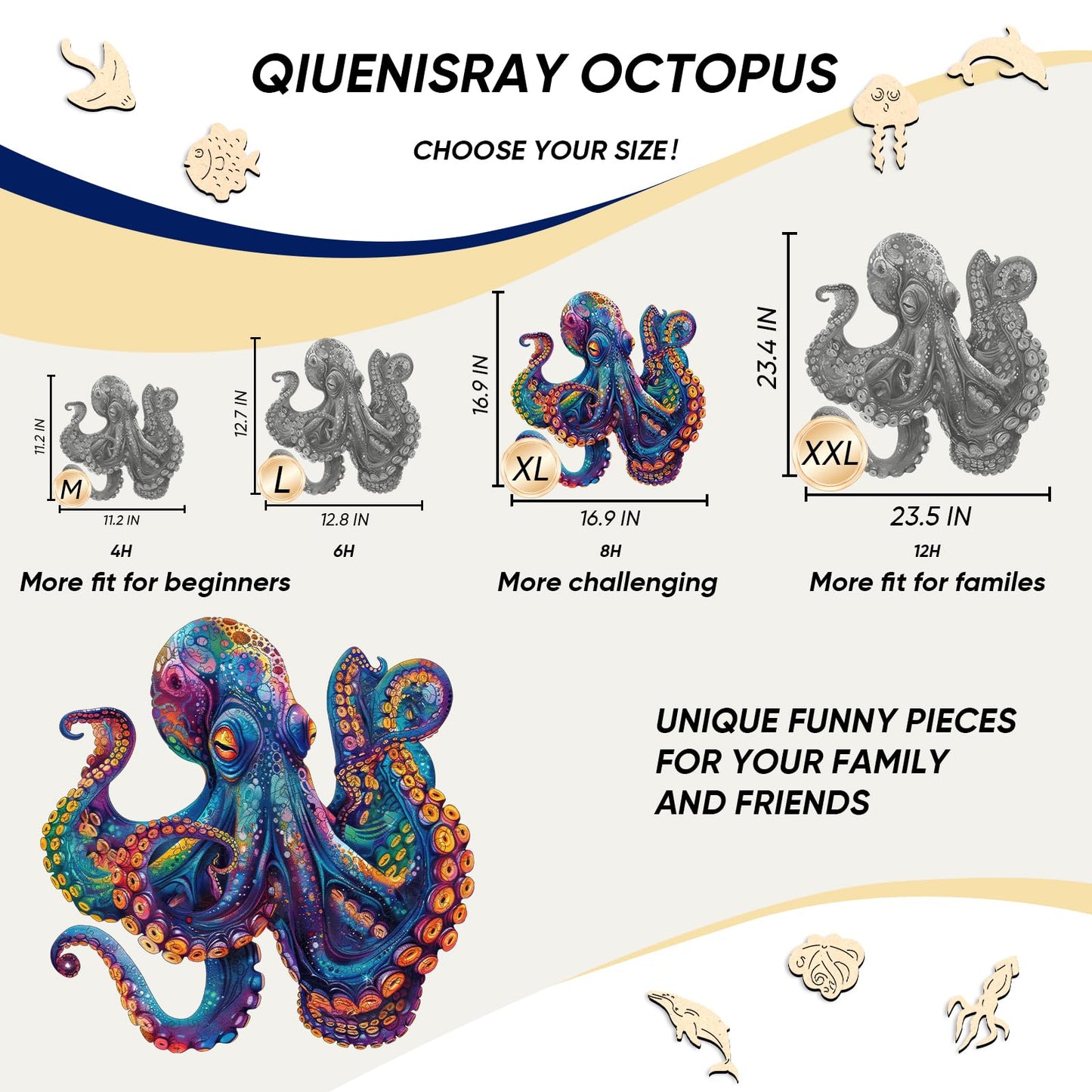 Qiuenisray 500 Piece Wooden Octopus Puzzle – FSC Certified Ocean Jigsaw, Unique Shape, Wall Decor, 16.9 x 16.9 in