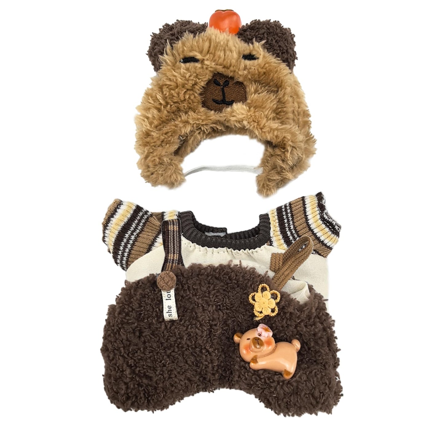 QIUTIMIY Capibara Doll Clothes for 17cm Dolls – Head Cover, Top & Overalls