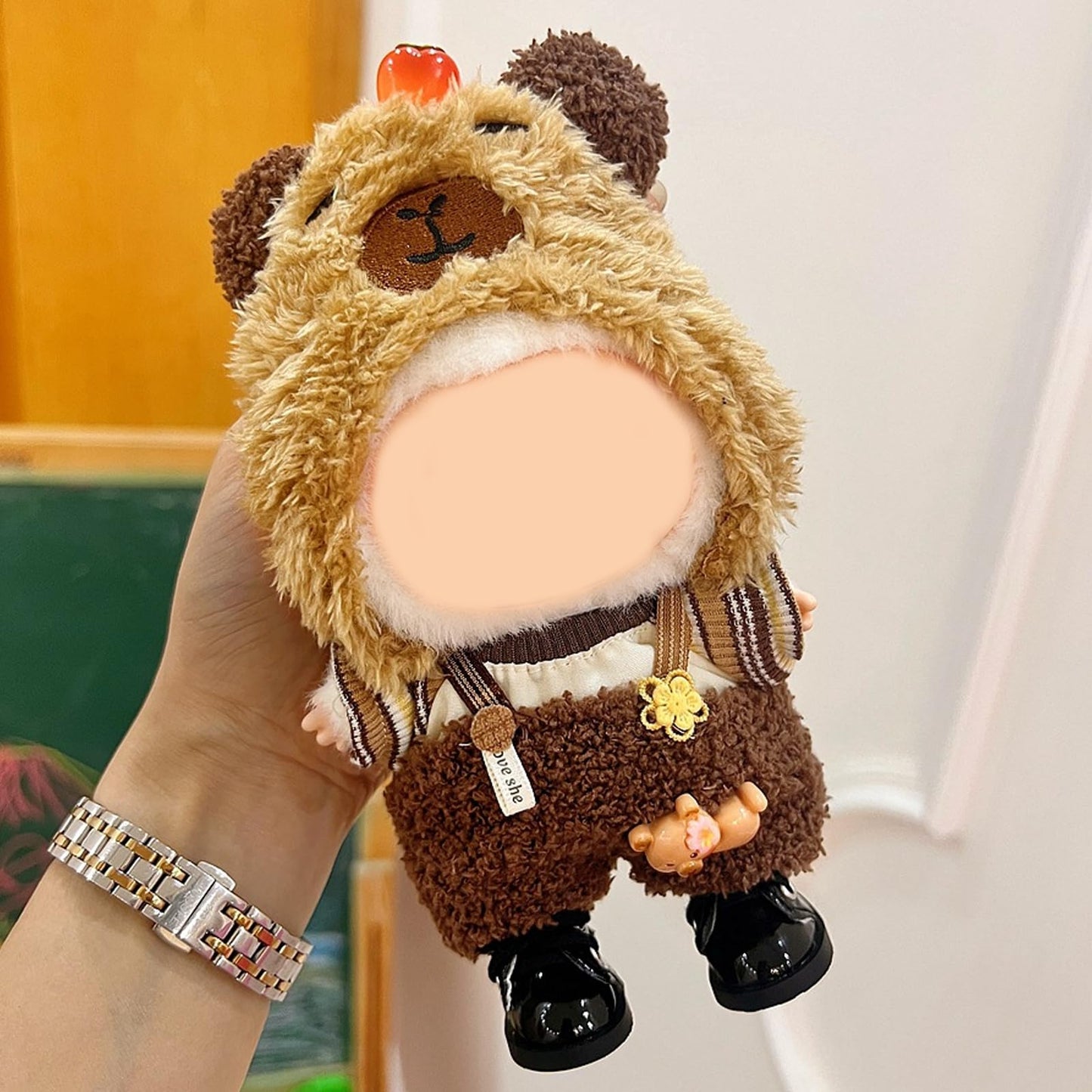 QIUTIMIY Capibara Doll Clothes for 17cm Dolls – Head Cover, Top & Overalls