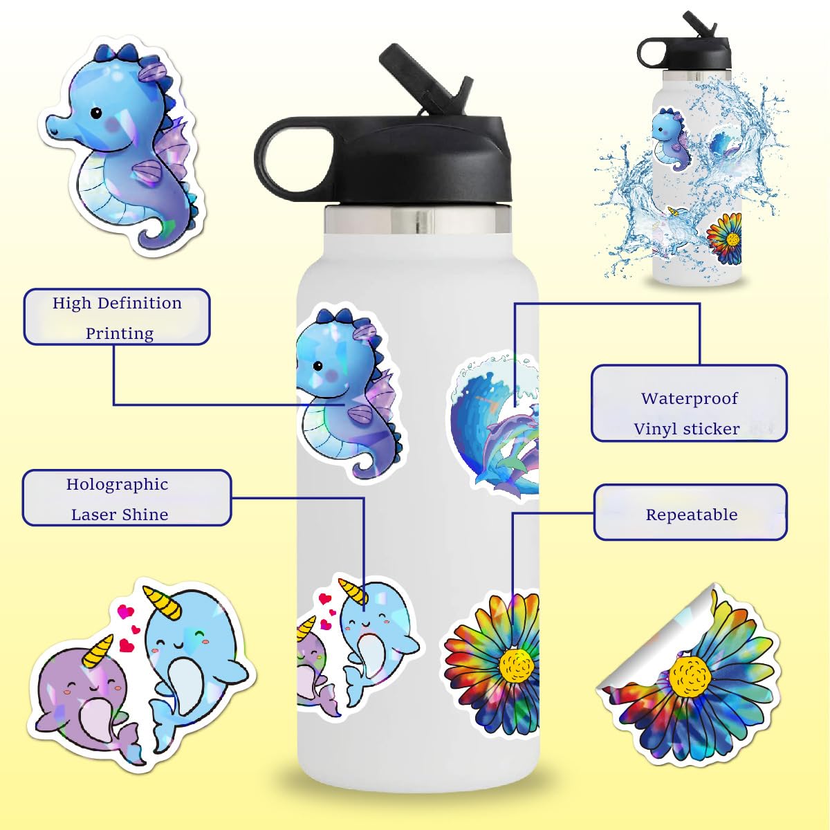 QIUYUEMIN 100 Cute Animal Holographic Stickers — Waterproof Vinyl Decals for Water Bottles, Laptops & Luggage