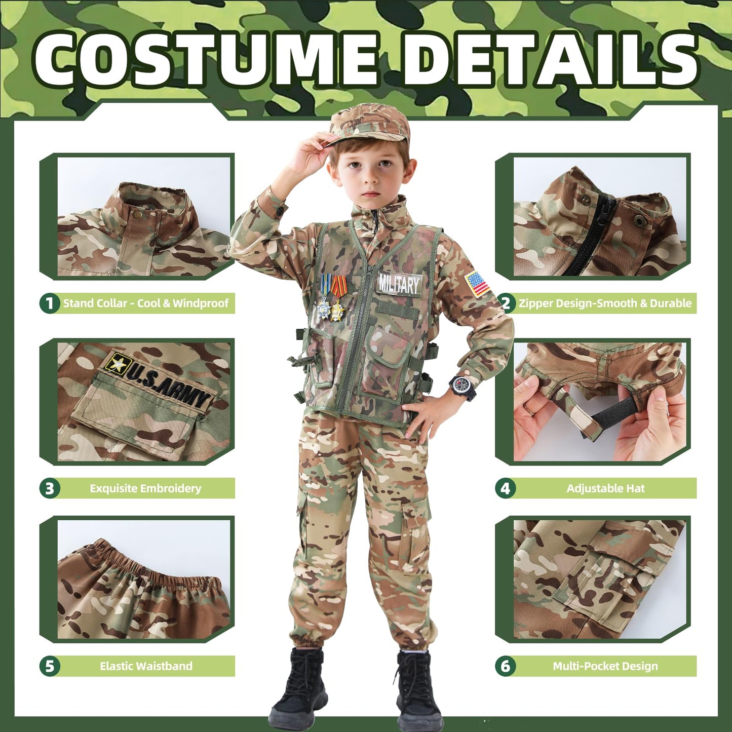 Qivbicy 18PCS Army Costume for Boys — Realistic Dress-Up Set with Gear