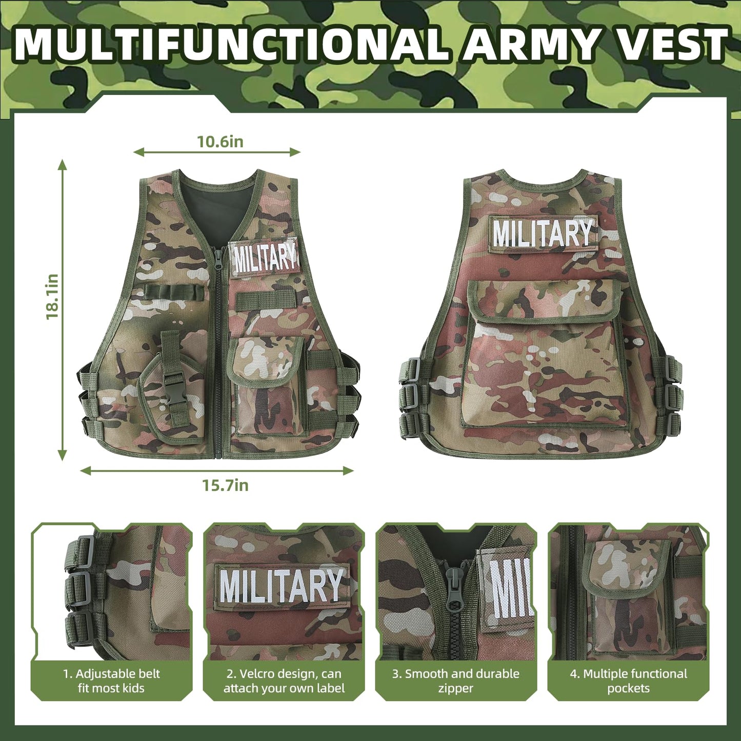 Qivbicy 18PCS Army Costume for Boys — Realistic Dress-Up Set with Gear