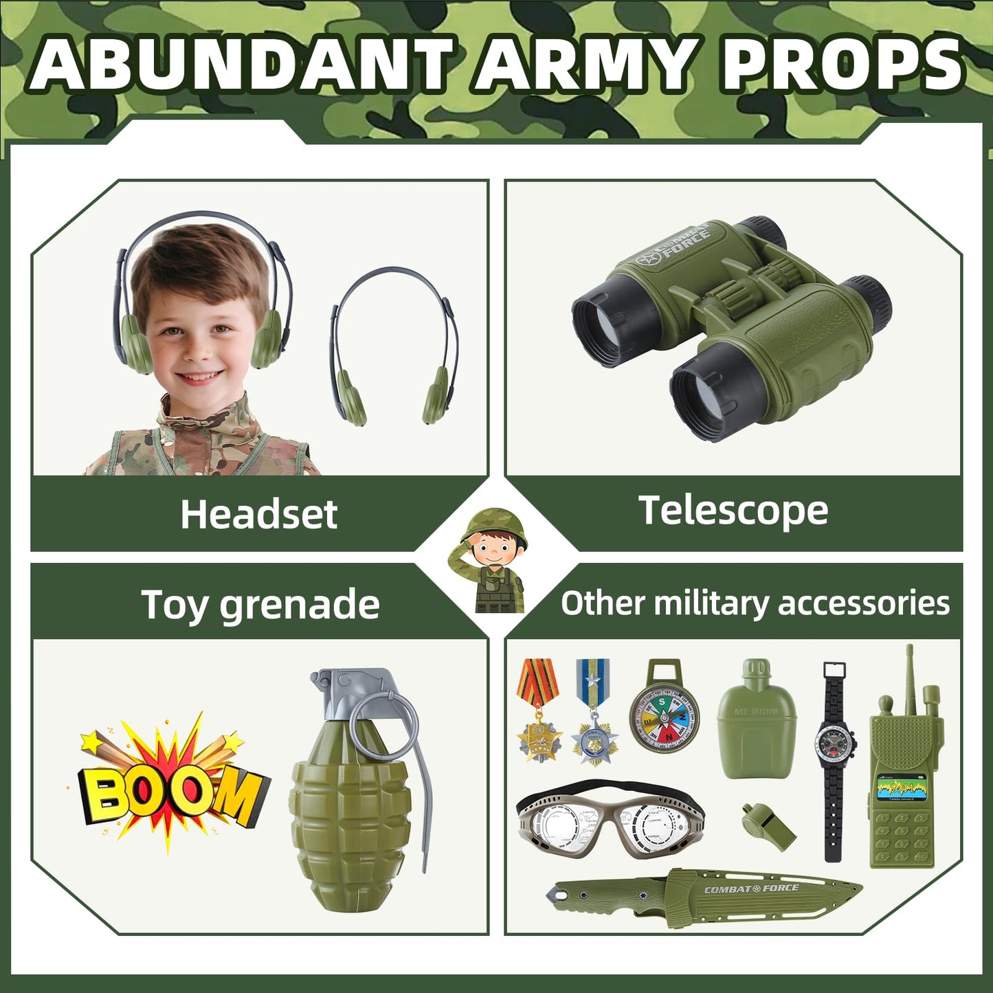 Qivbicy 18PCS Army Costume for Boys — Realistic Dress-Up Set with Gear