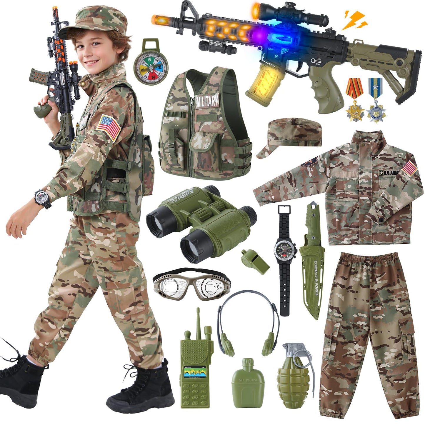 Qivbicy 18PCS Army Costume for Boys — Realistic Dress-Up Set with Gear
