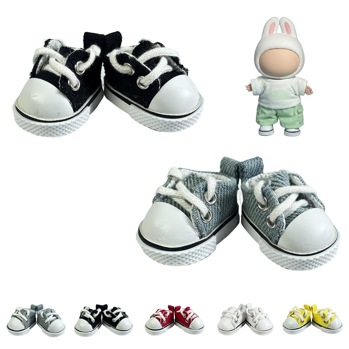 QIXINGWISE 2 Pairs 17cm Doll Shoes – Lace-Up Canvas Sneakers for 17cm Dolls (Black & Blue)