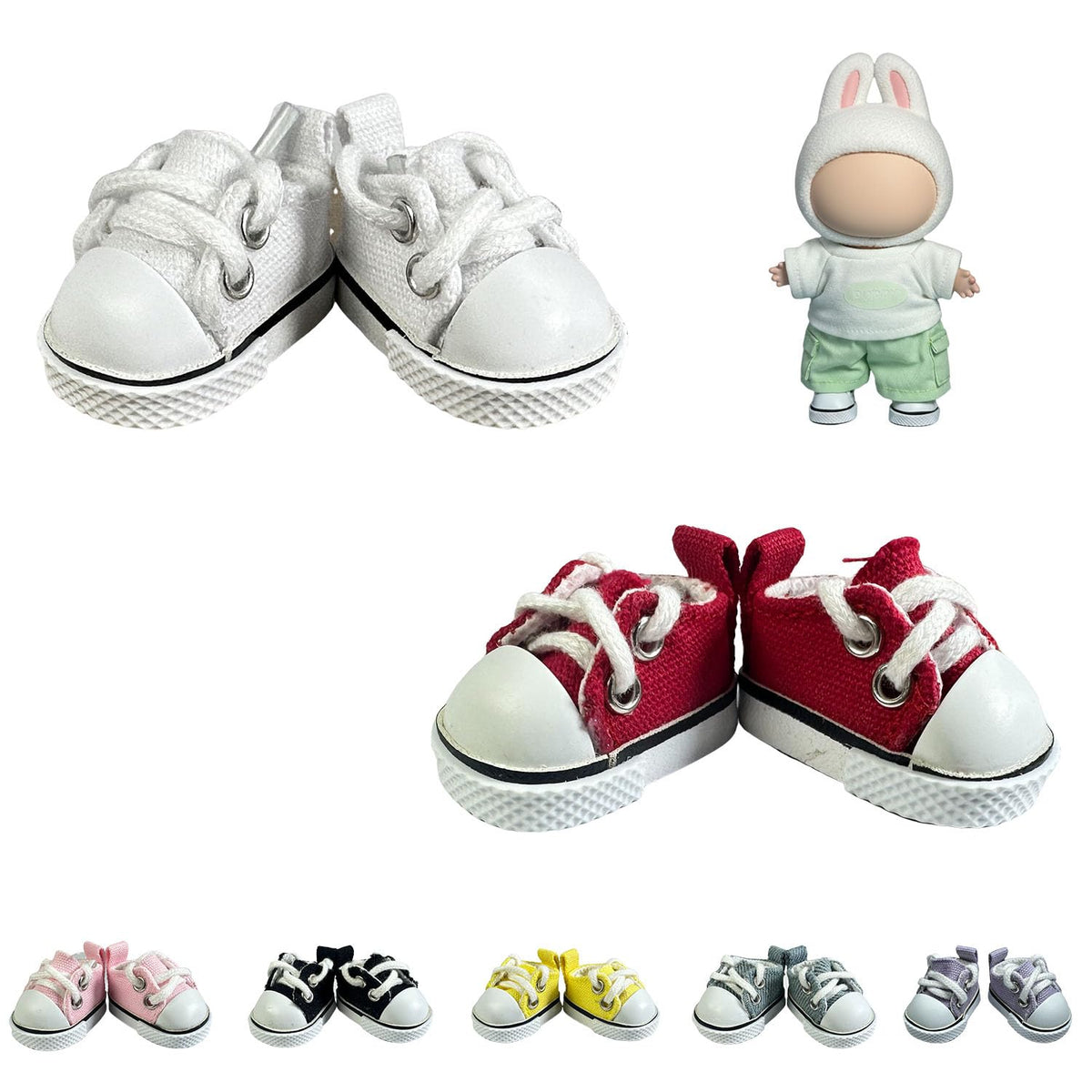 QIXINGWISE 2 Pairs 17cm Doll Shoes – Lace-Up Canvas Sneakers (Red & White)