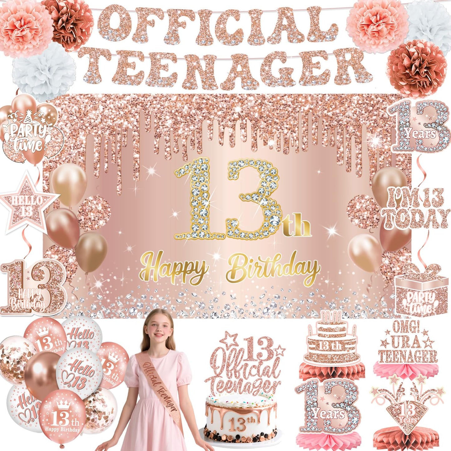 QIYANPAX 13th Birthday Decorations for Girls – Rose Gold 53-Piece Party Kit with Backdrop, Banner, Sash & Balloons