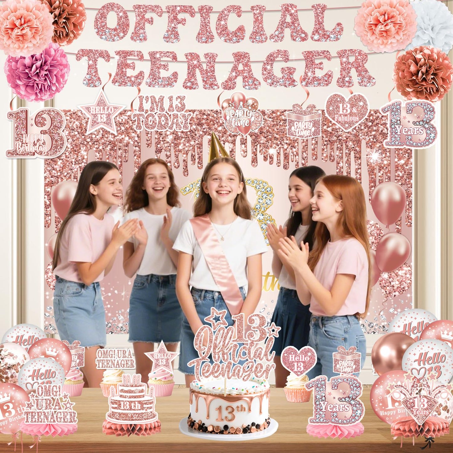 QIYANPAX 13th Birthday Decorations for Girls – Rose Gold 53-Piece Party Kit with Backdrop, Banner, Sash & Balloons