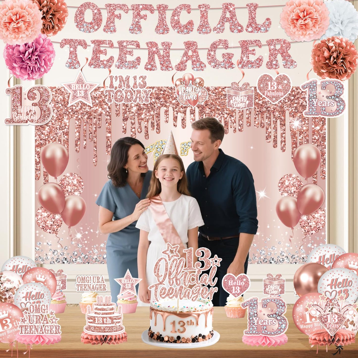 QIYANPAX 13th Birthday Decorations for Girls – Rose Gold 53-Piece Party Kit with Backdrop, Banner, Sash & Balloons