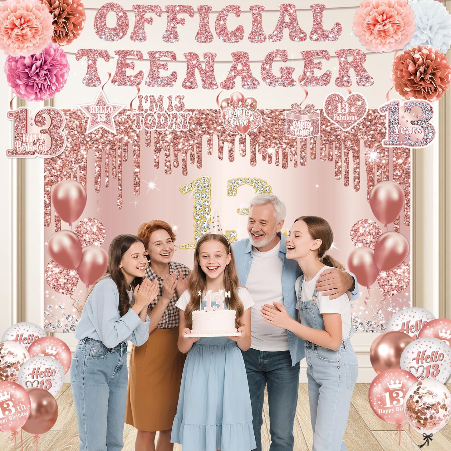 QIYANPAX 13th Birthday Decorations for Girls – Rose Gold 53-Piece Party Kit with Backdrop, Banner, Sash & Balloons