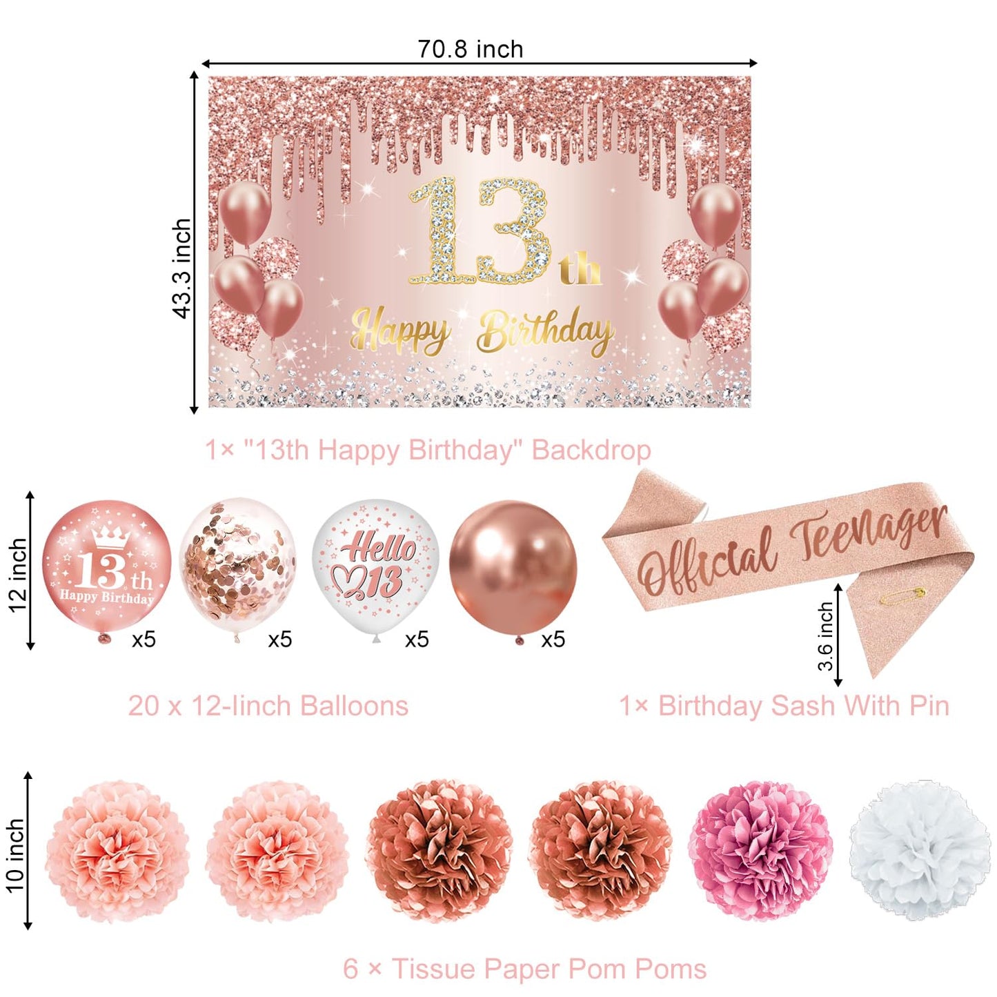 QIYANPAX 13th Birthday Decorations for Girls – Rose Gold 53-Piece Party Kit with Backdrop, Banner, Sash & Balloons