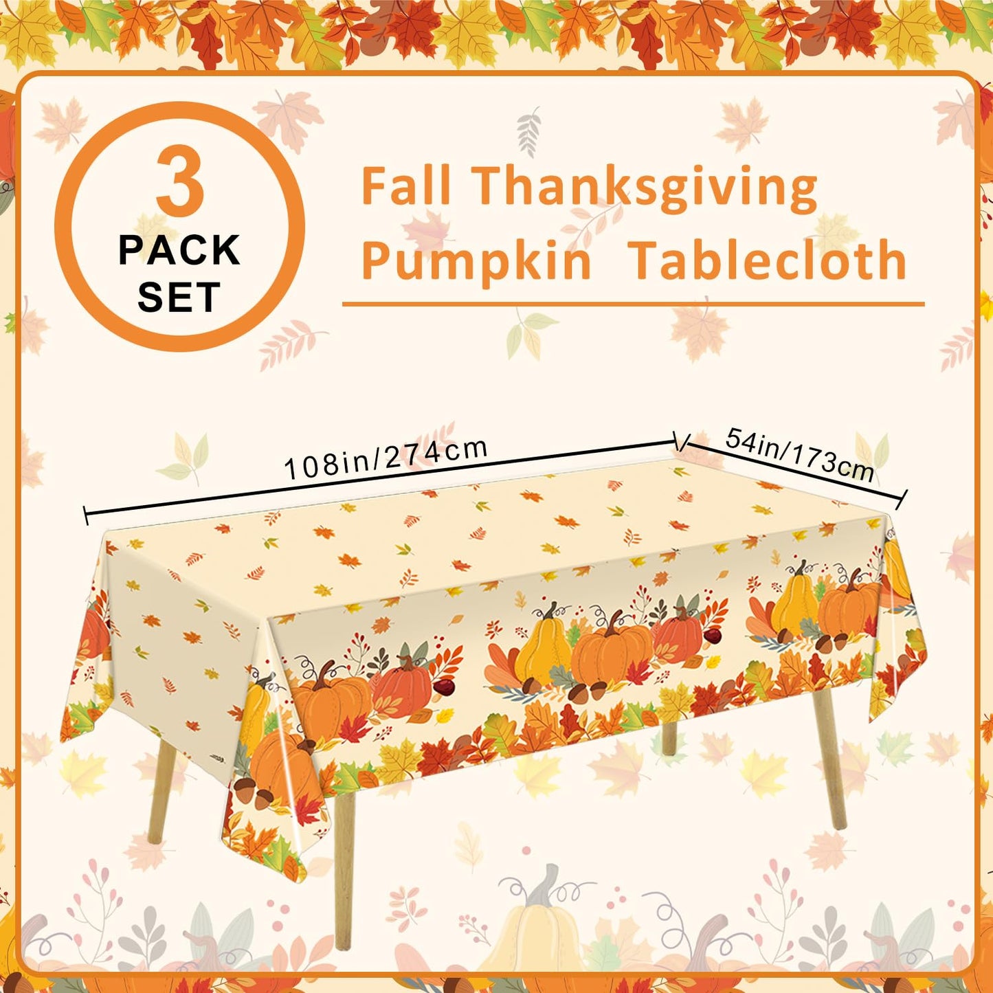 QIYANPAX 3 Pack Fall Pumpkin Tablecloths – 54 x 108 in