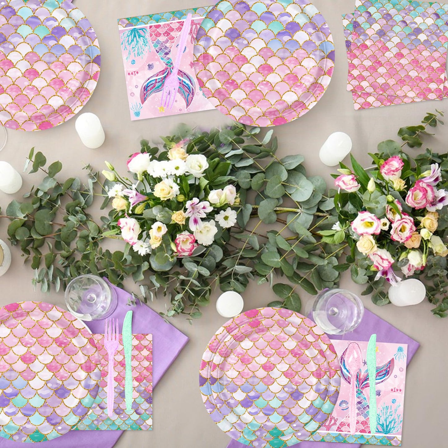 QIYANPAX Mermaid Birthday Decorations – 168Pcs Party Set (Plates, Cups, Napkins, Cutlery) Serves 24