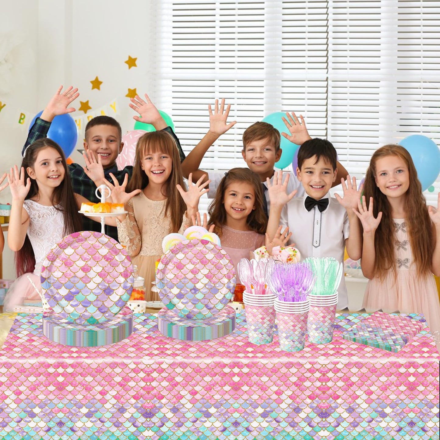 QIYANPAX Mermaid Birthday Decorations – 168Pcs Party Set (Plates, Cups, Napkins, Cutlery) Serves 24