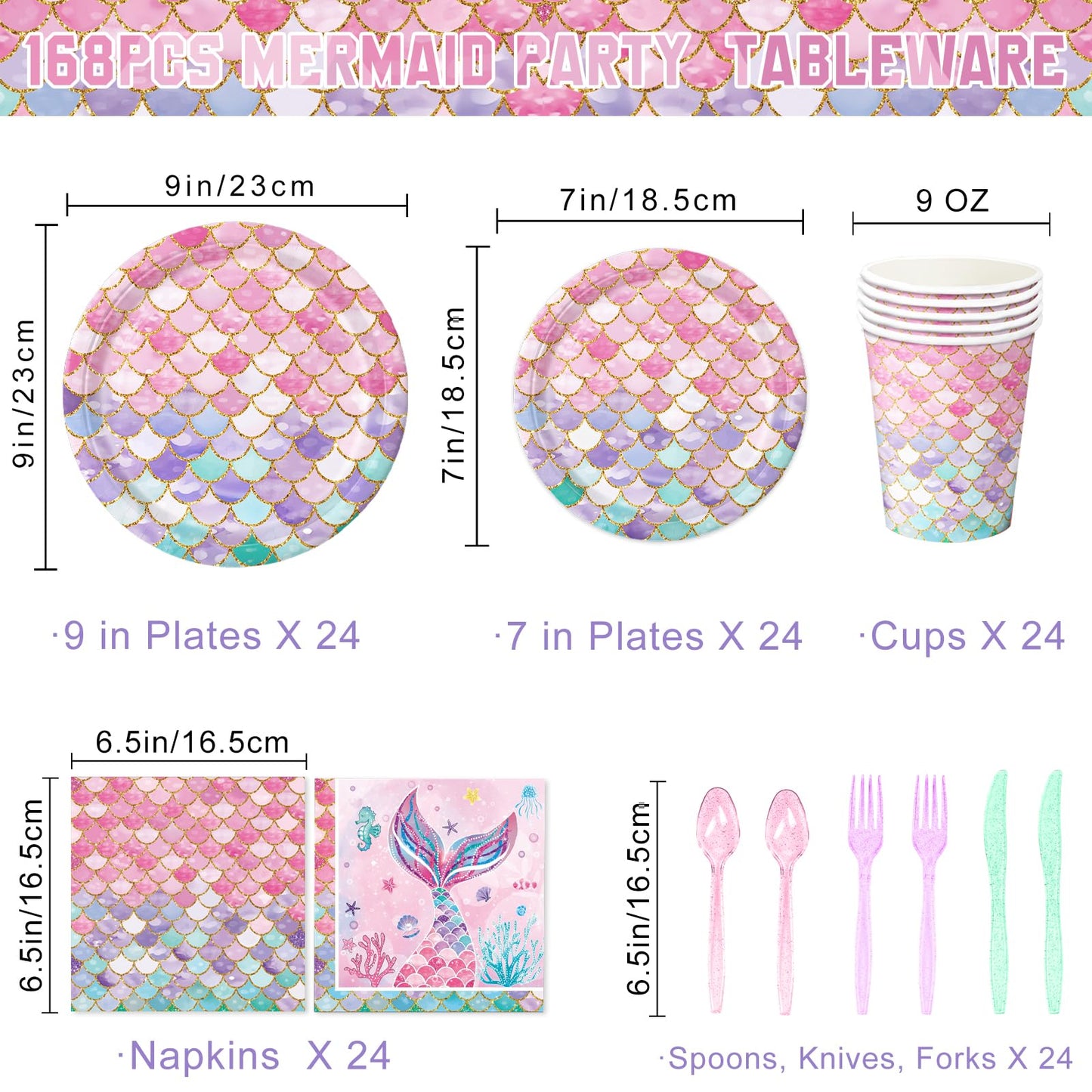 QIYANPAX Mermaid Birthday Decorations – 168Pcs Party Set (Plates, Cups, Napkins, Cutlery) Serves 24