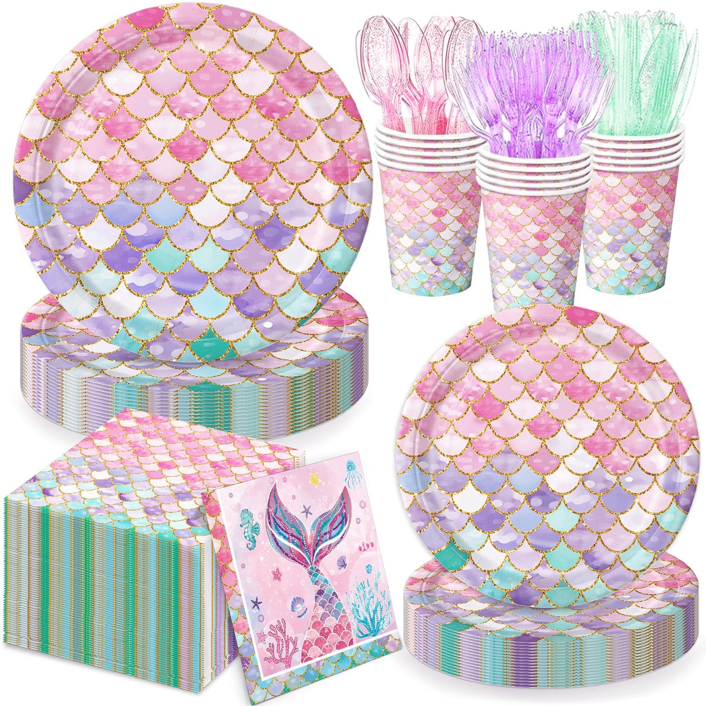 QIYANPAX Mermaid Birthday Decorations – 168Pcs Party Set (Plates, Cups, Napkins, Cutlery) Serves 24