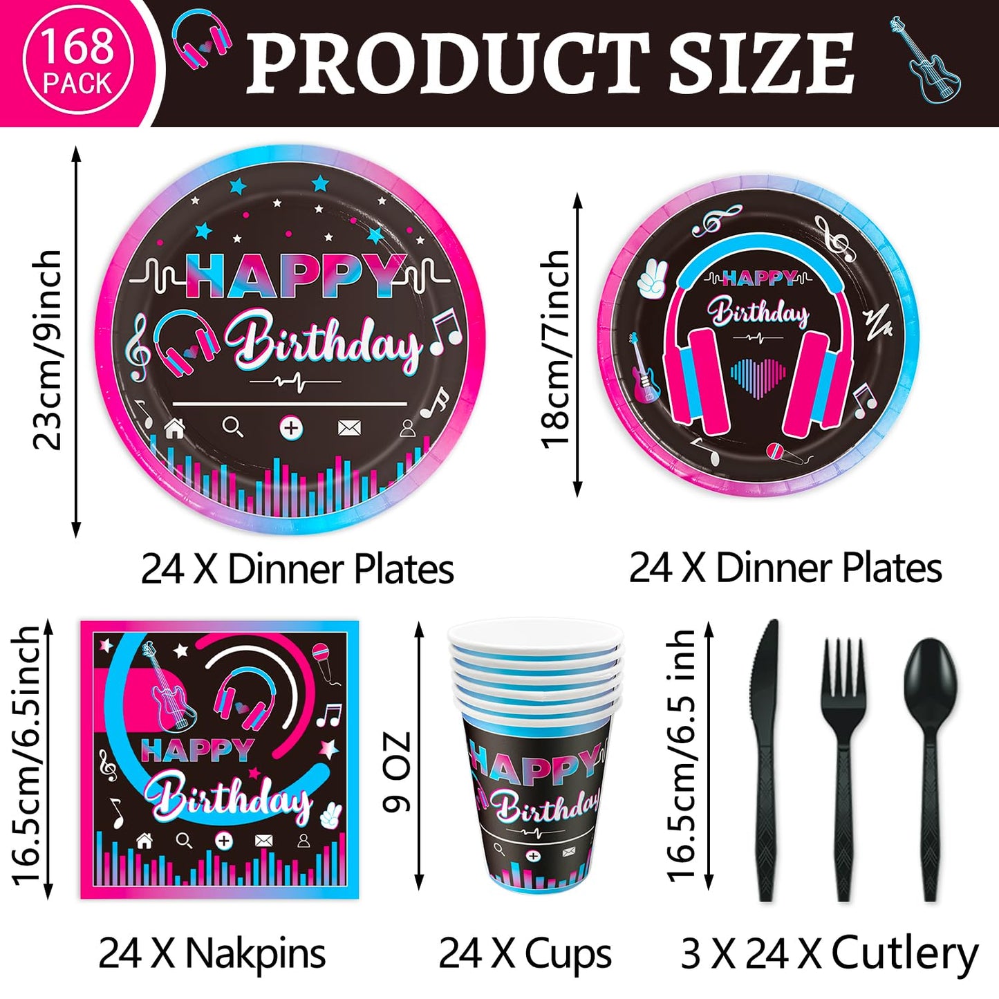 QIYANPAX 168Pcs Music Party Supplies – Disposable Tableware Set for 24 Guests