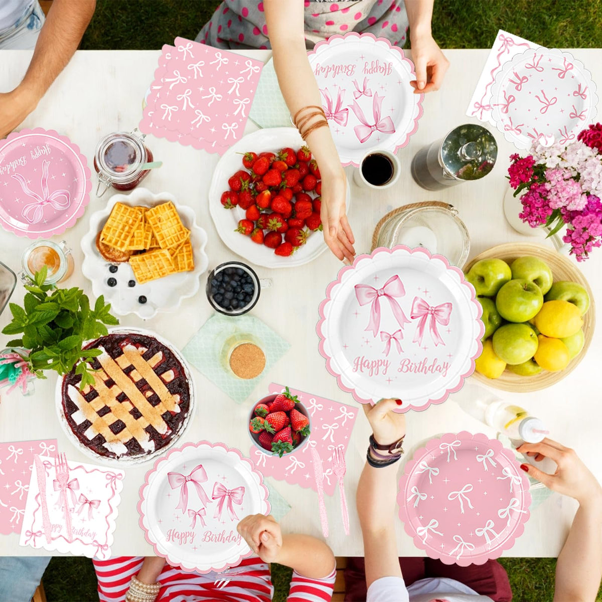 QIYANPAX Pink Bow Birthday Decorations — Complete 20-Person Party Set (Plates, Napkins, Cups, Balloons, Banner)