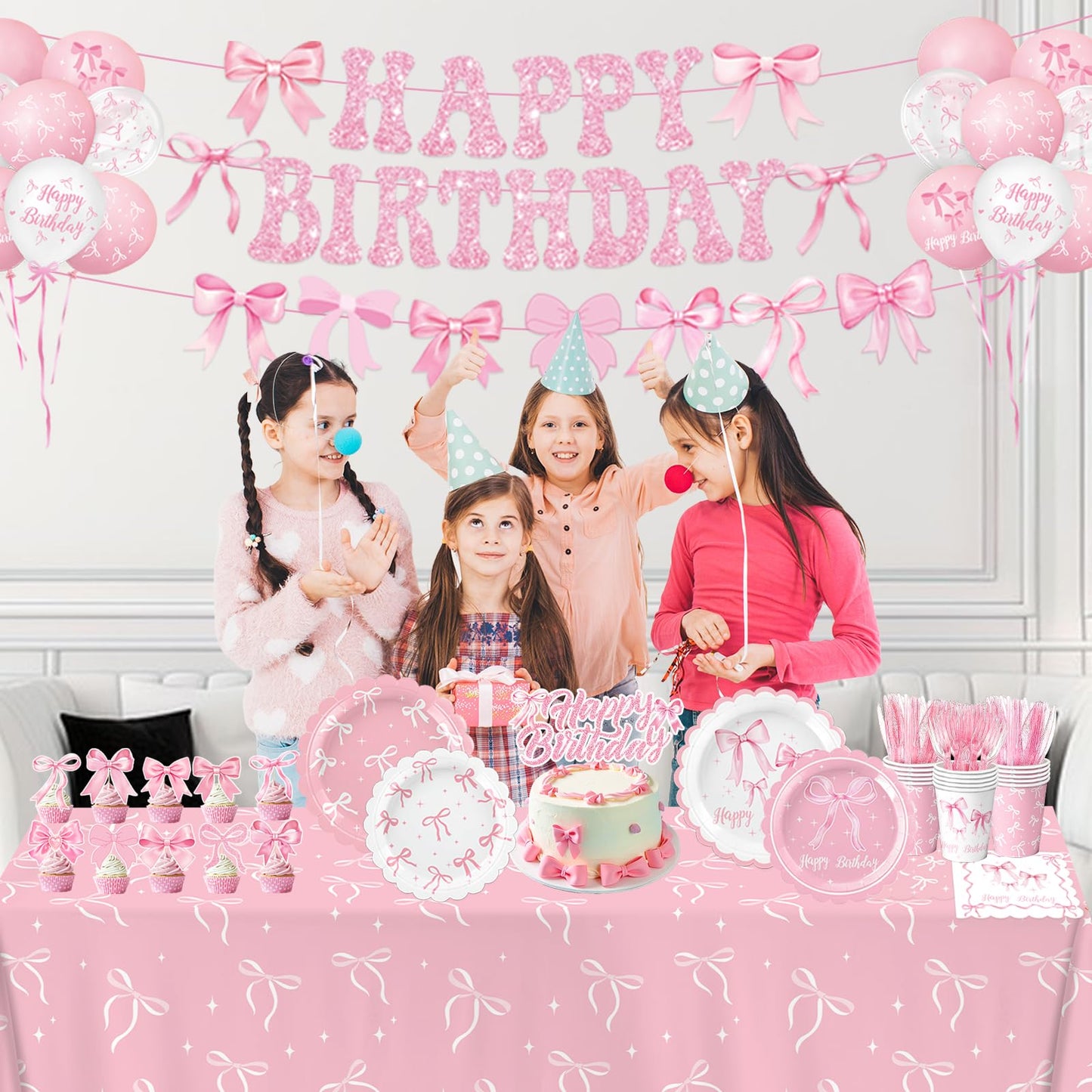 QIYANPAX Pink Bow Birthday Decorations — Complete 20-Person Party Set (Plates, Napkins, Cups, Balloons, Banner)