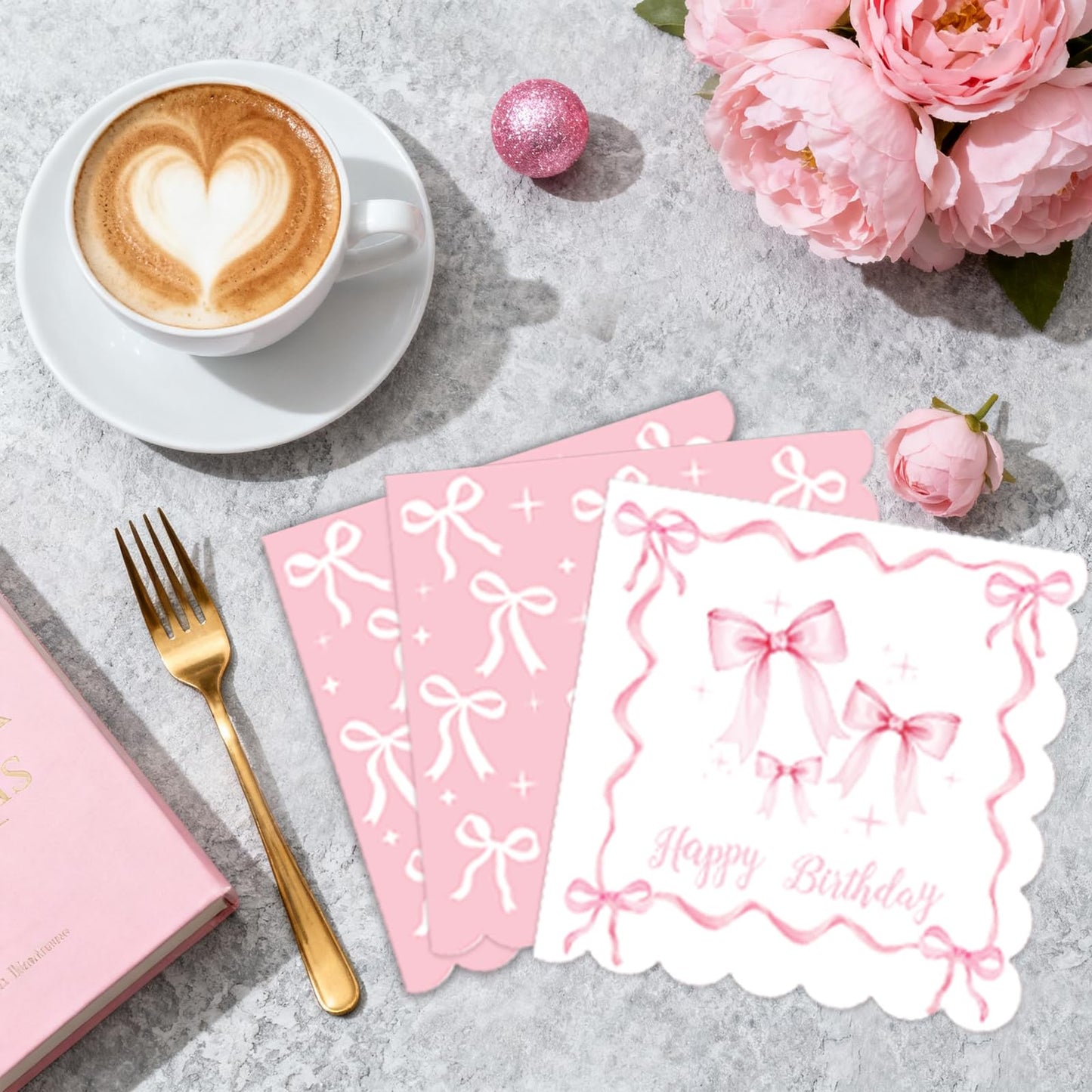 QIYANPAX Pink Bow Birthday Decorations — Complete 20-Person Party Set (Plates, Napkins, Cups, Balloons, Banner)
