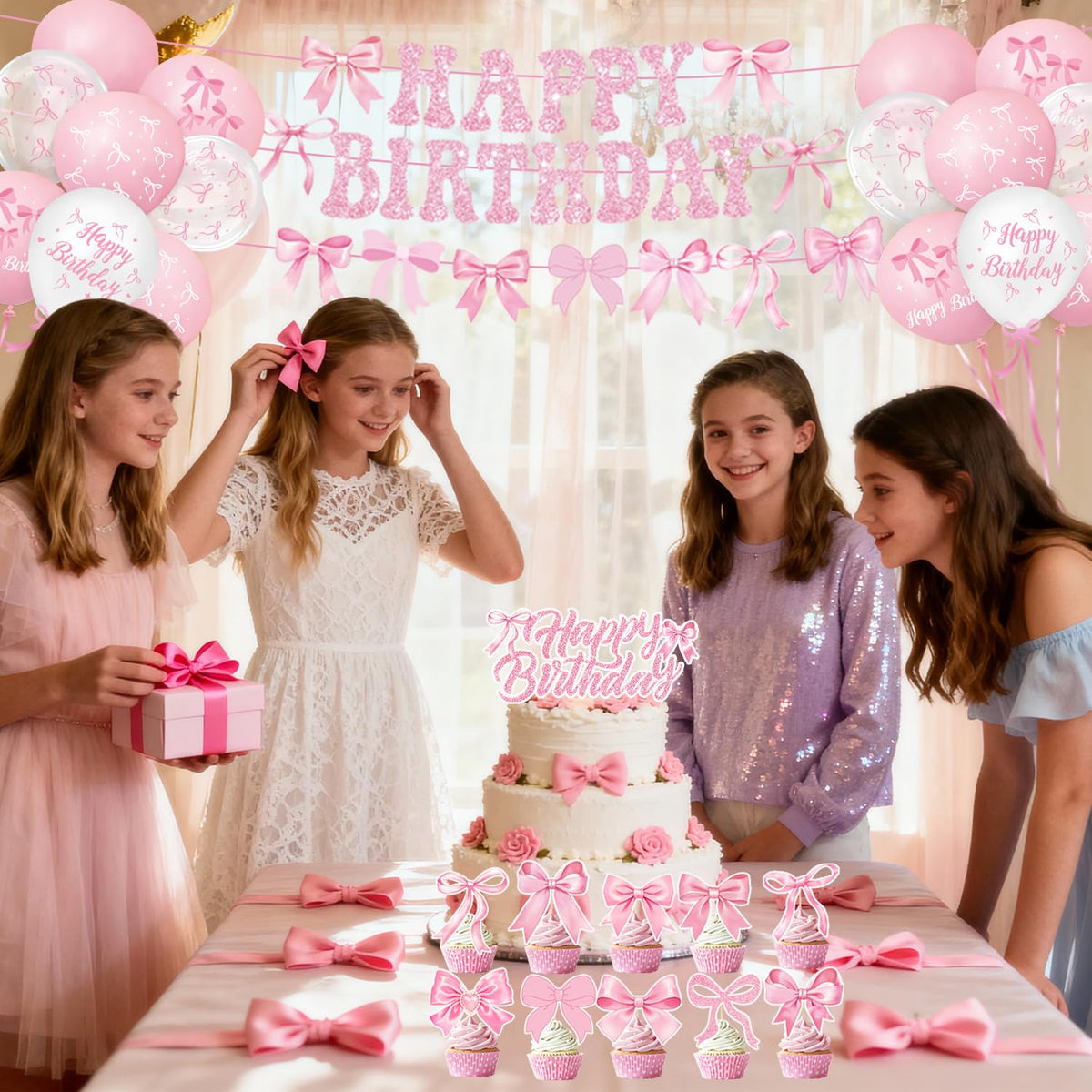 QIYANPAX Pink Bow Birthday Decorations — Complete 20-Person Party Set (Plates, Napkins, Cups, Balloons, Banner)
