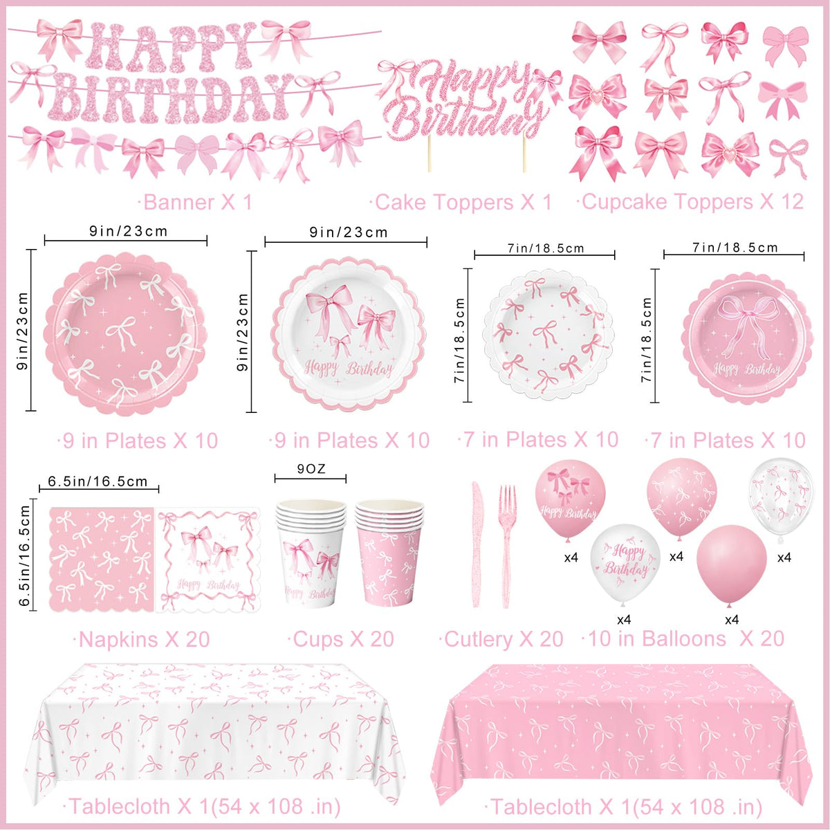 QIYANPAX Pink Bow Birthday Decorations — Complete 20-Person Party Set (Plates, Napkins, Cups, Balloons, Banner)