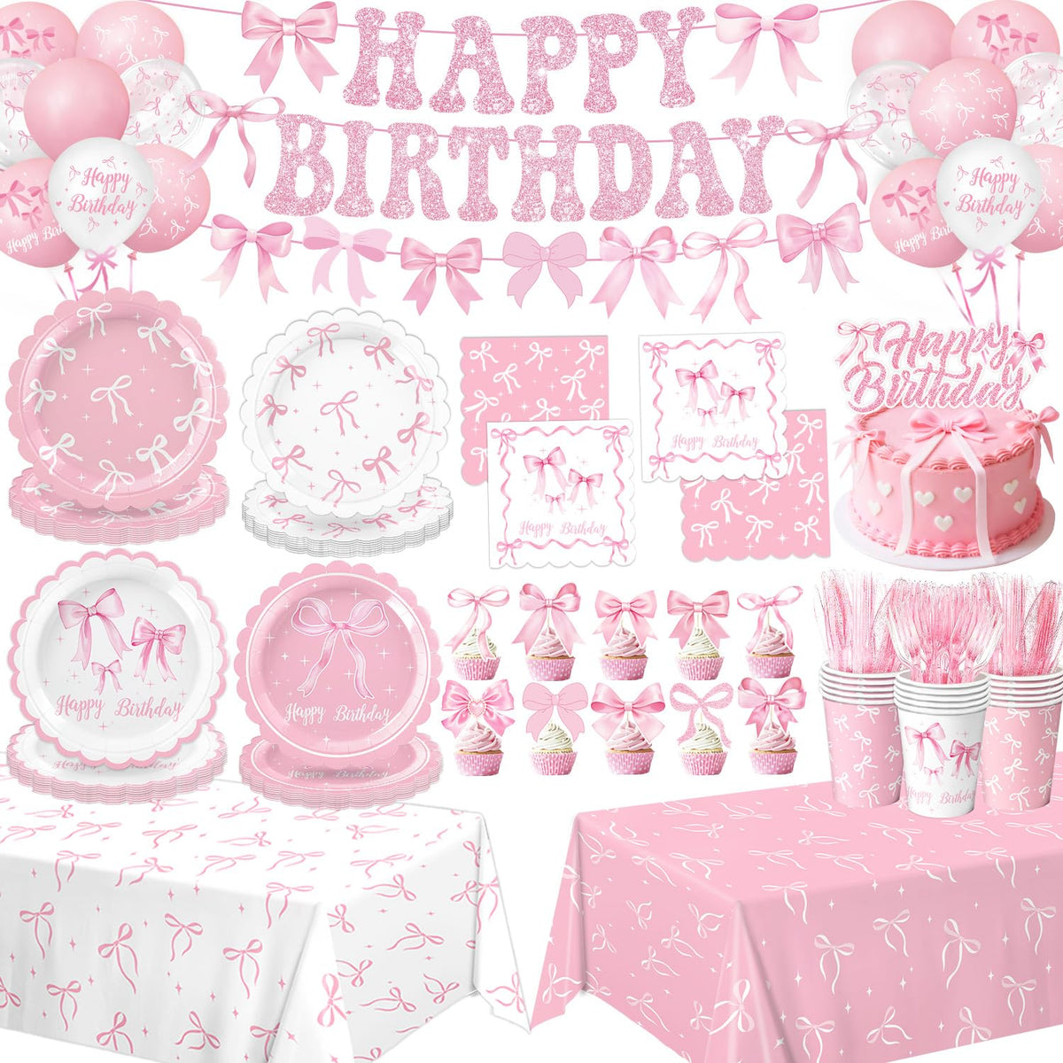 QIYANPAX Pink Bow Birthday Decorations — Complete 20-Person Party Set (Plates, Napkins, Cups, Balloons, Banner)