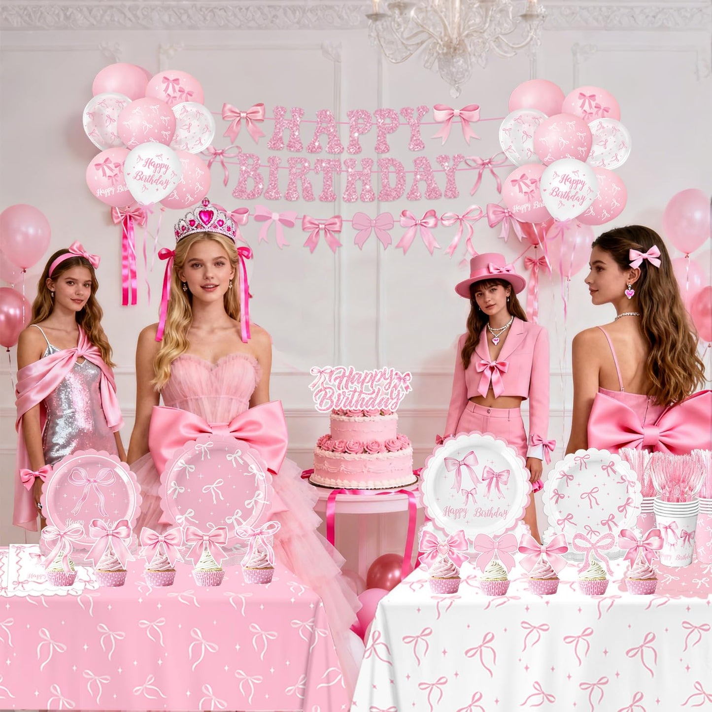 QIYANPAX Pink Bow Birthday Decorations — Complete 20-Person Party Set (Plates, Napkins, Cups, Balloons, Banner)