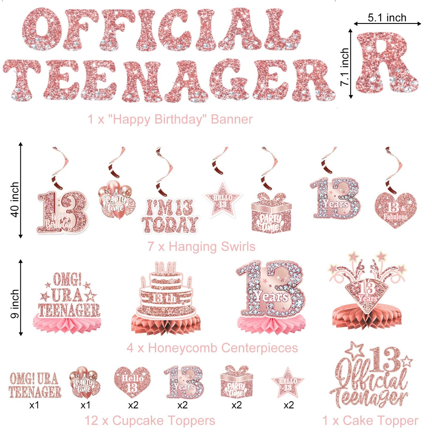 QIYANPAX 13th Birthday Decorations for Girls – Rose Gold 53-Piece Party Kit with Backdrop, Banner, Sash & Balloons