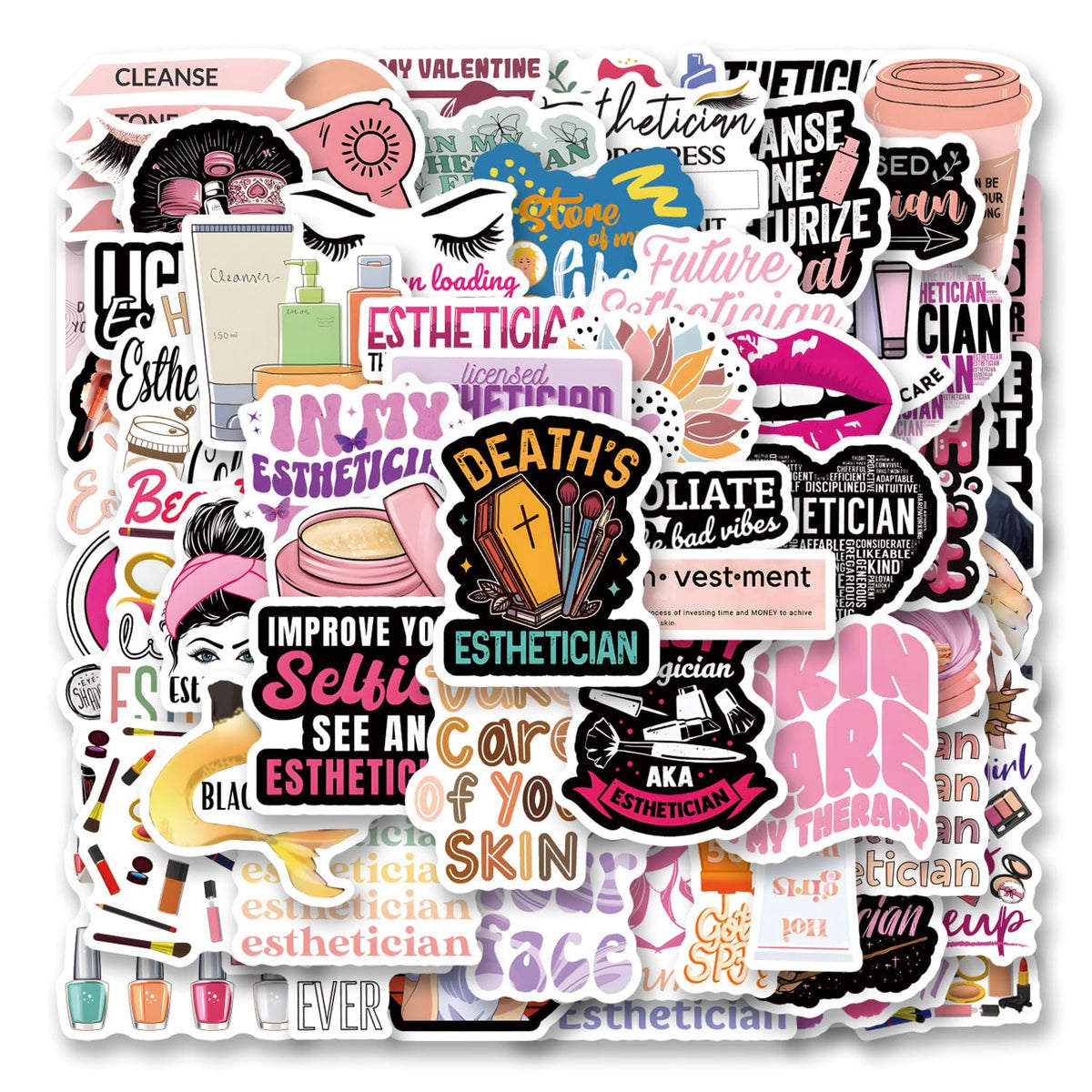 QIYEENW 67pcs Esthetician Stickers Pack – Non-Repeating Vinyl Decals for Water Bottle, Laptop, Luggage