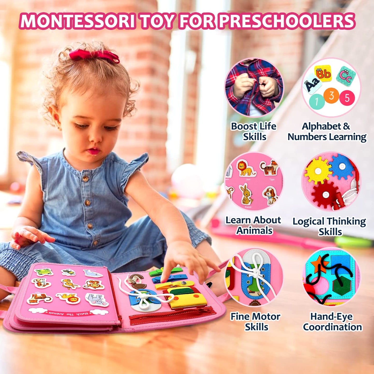 Qizfun Busy Board Montessori Toy for Toddlers – Sensory Learning & Fine Motor Skills (Pink)