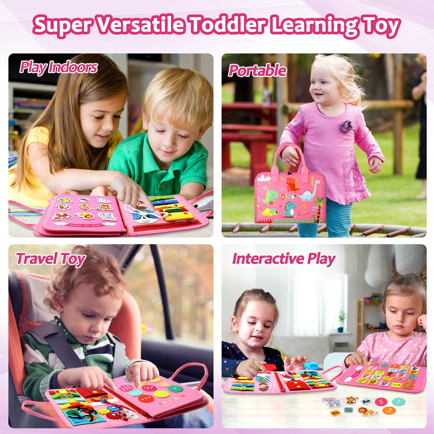 Qizfun Busy Board Montessori Toy for Toddlers – Sensory Learning & Fine Motor Skills (Pink)